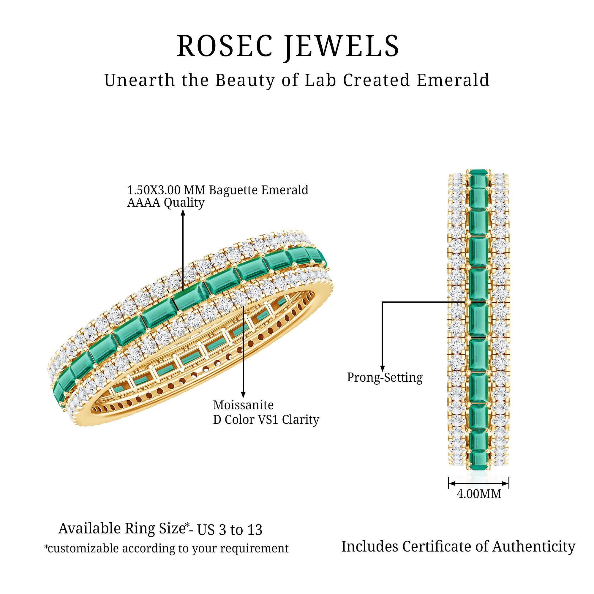 Baguette Cut Lab Grown Emerald and Moissanite Wedding Band AAAA - Rosec Jewels