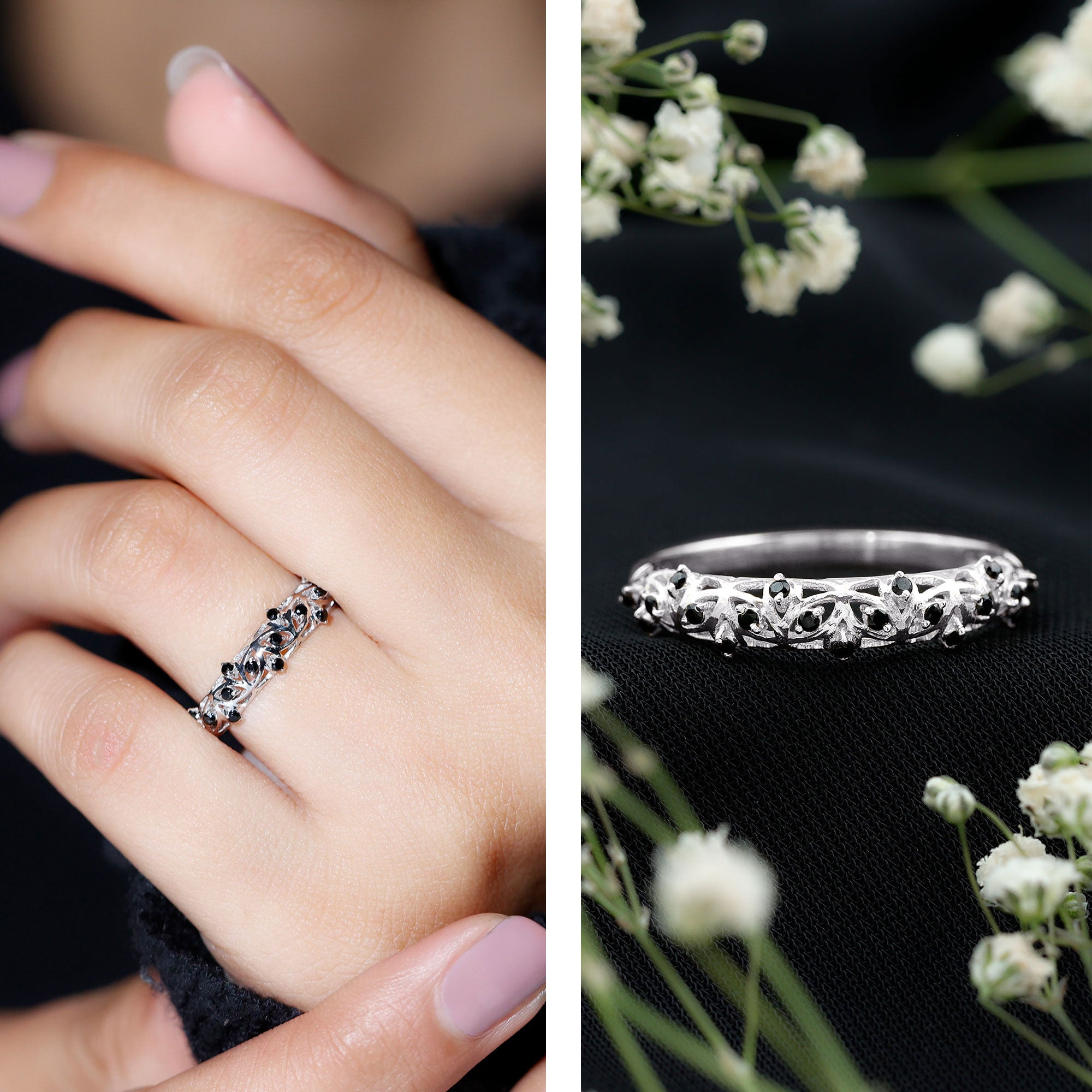 Rosec Jewels-Round Cut Certified Black Onyx Filigree Wedding Band