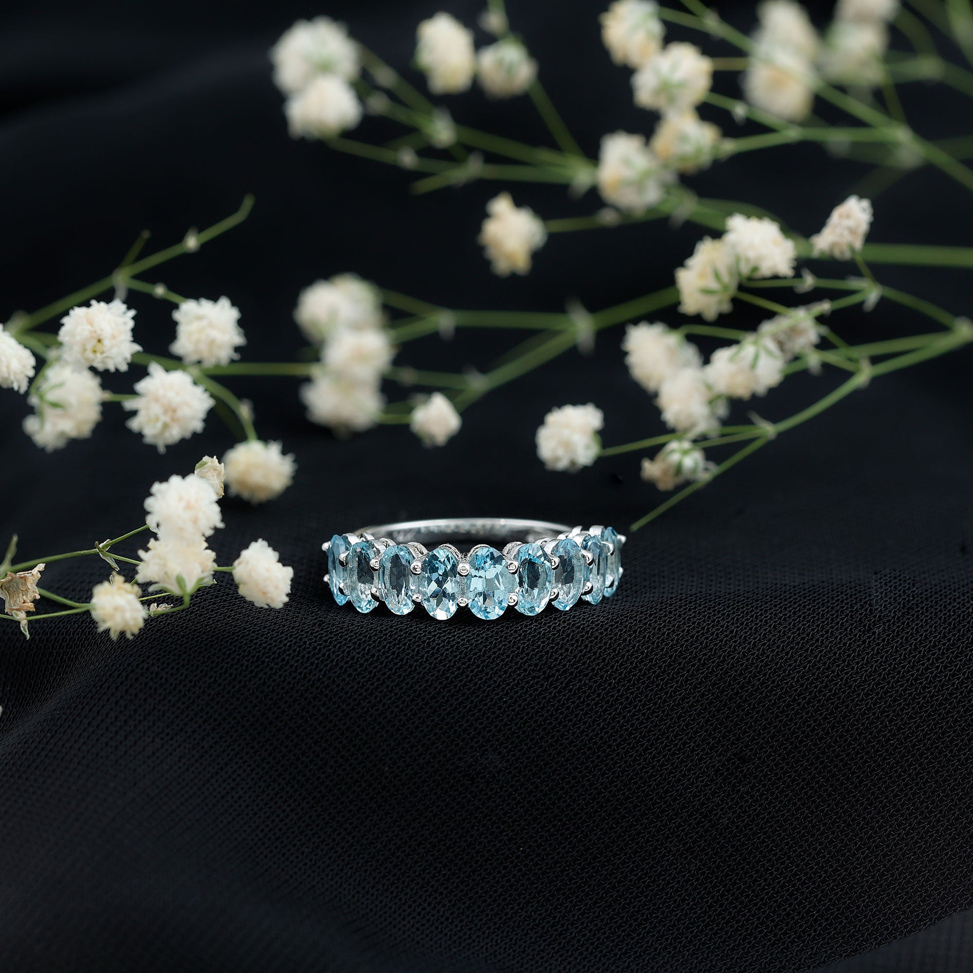 Genuine Oval Cut Aquamarine Half Eternity Ring for Women AAA - Rosec Jewels