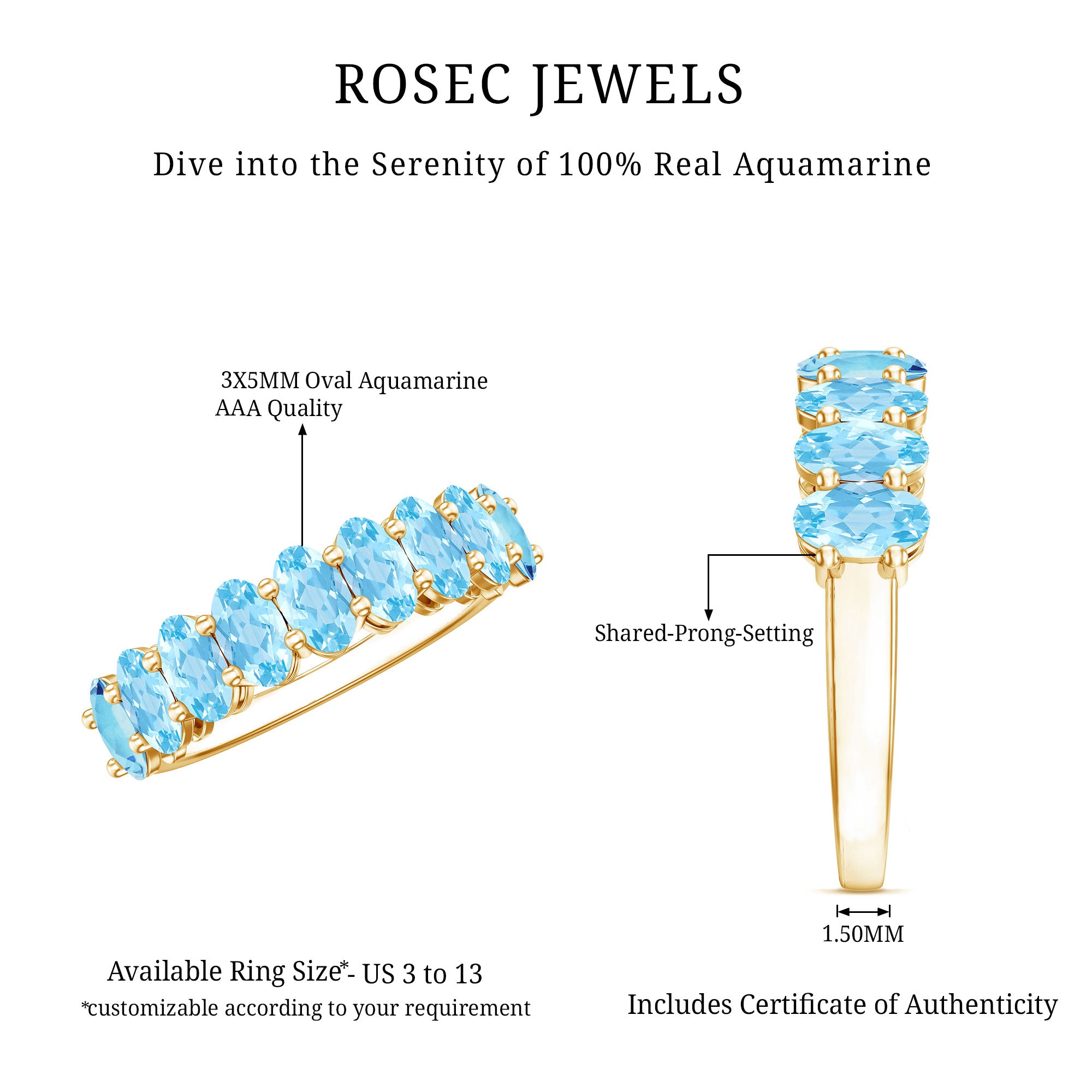 Genuine Oval Cut Aquamarine Half Eternity Ring for Women AAA - Rosec Jewels