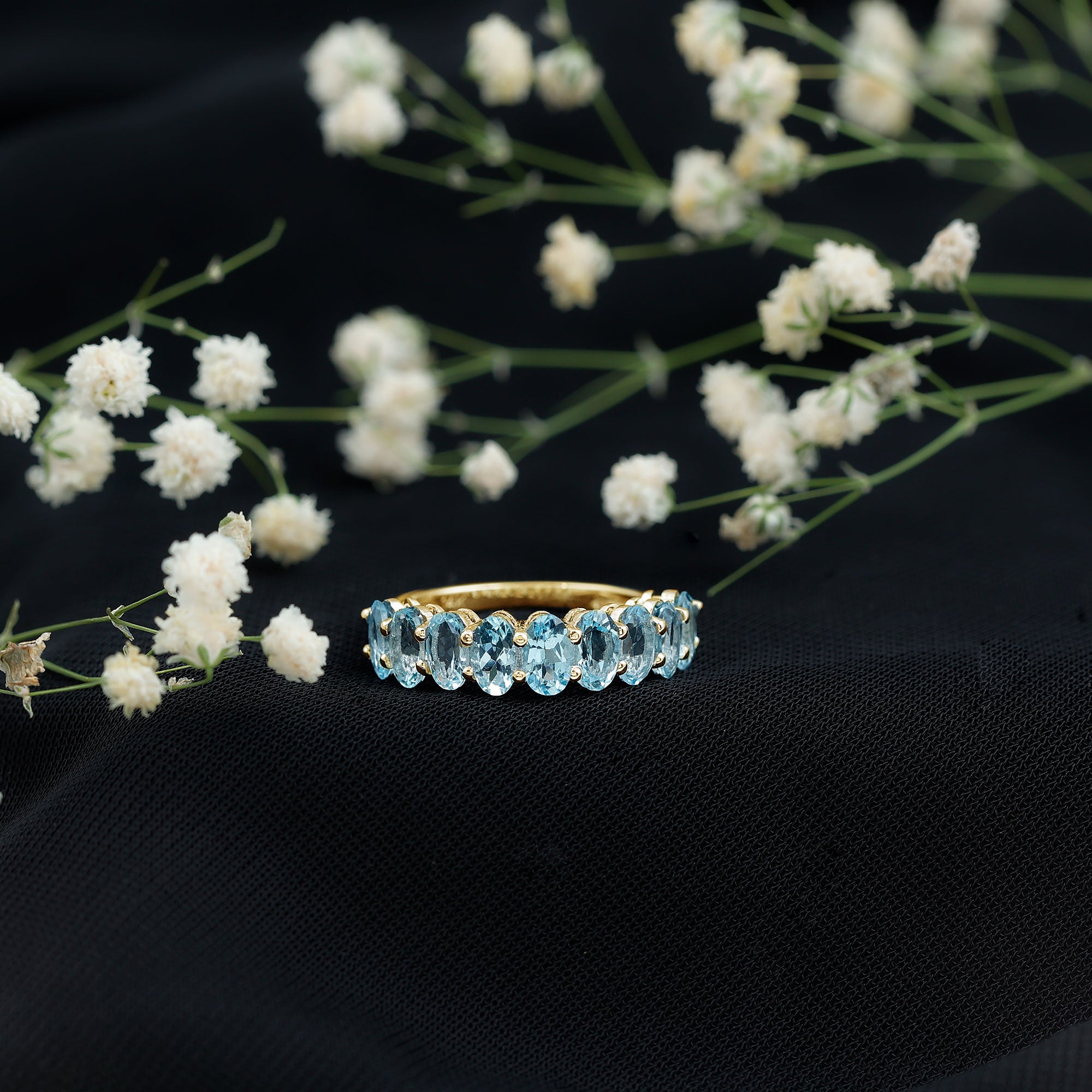 Genuine Oval Cut Aquamarine Half Eternity Ring for Women AAA - Rosec Jewels