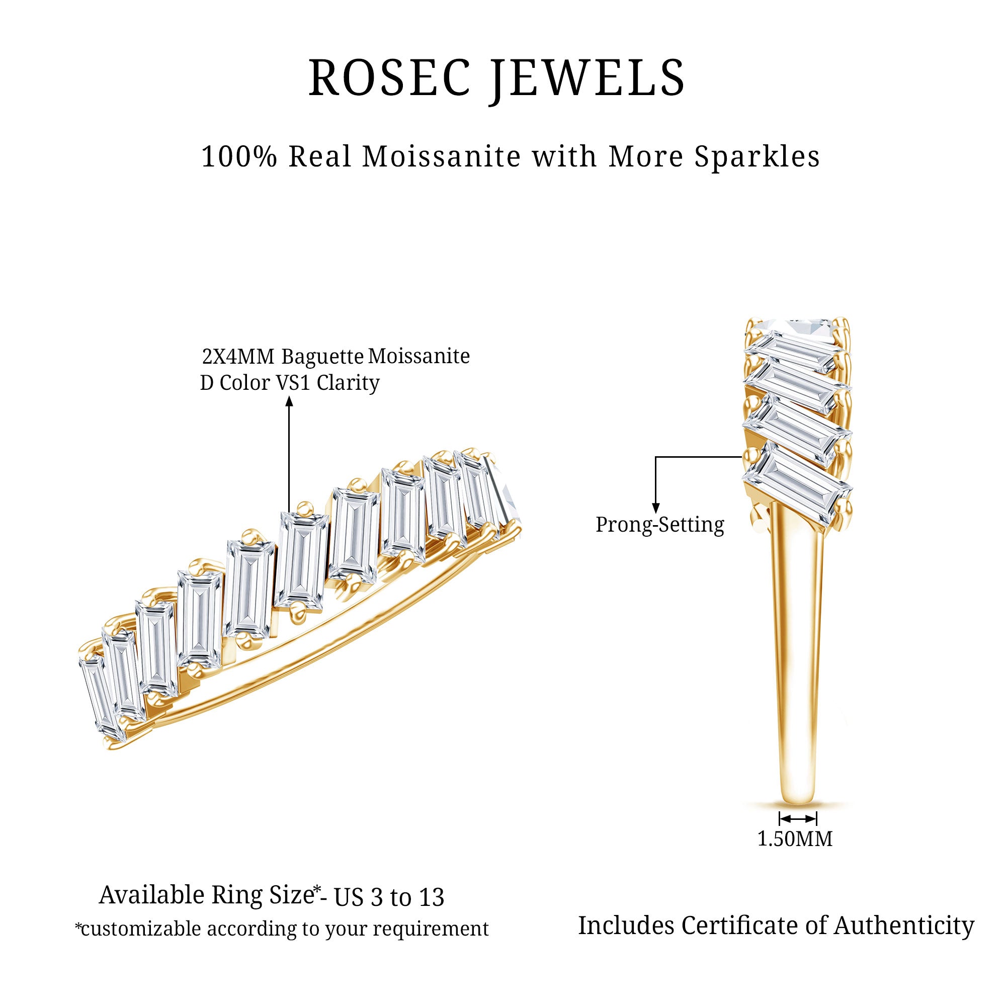 Certified Moissanite Baguette Cut Half Eternity Ring D-VS1 - Rosec Jewels