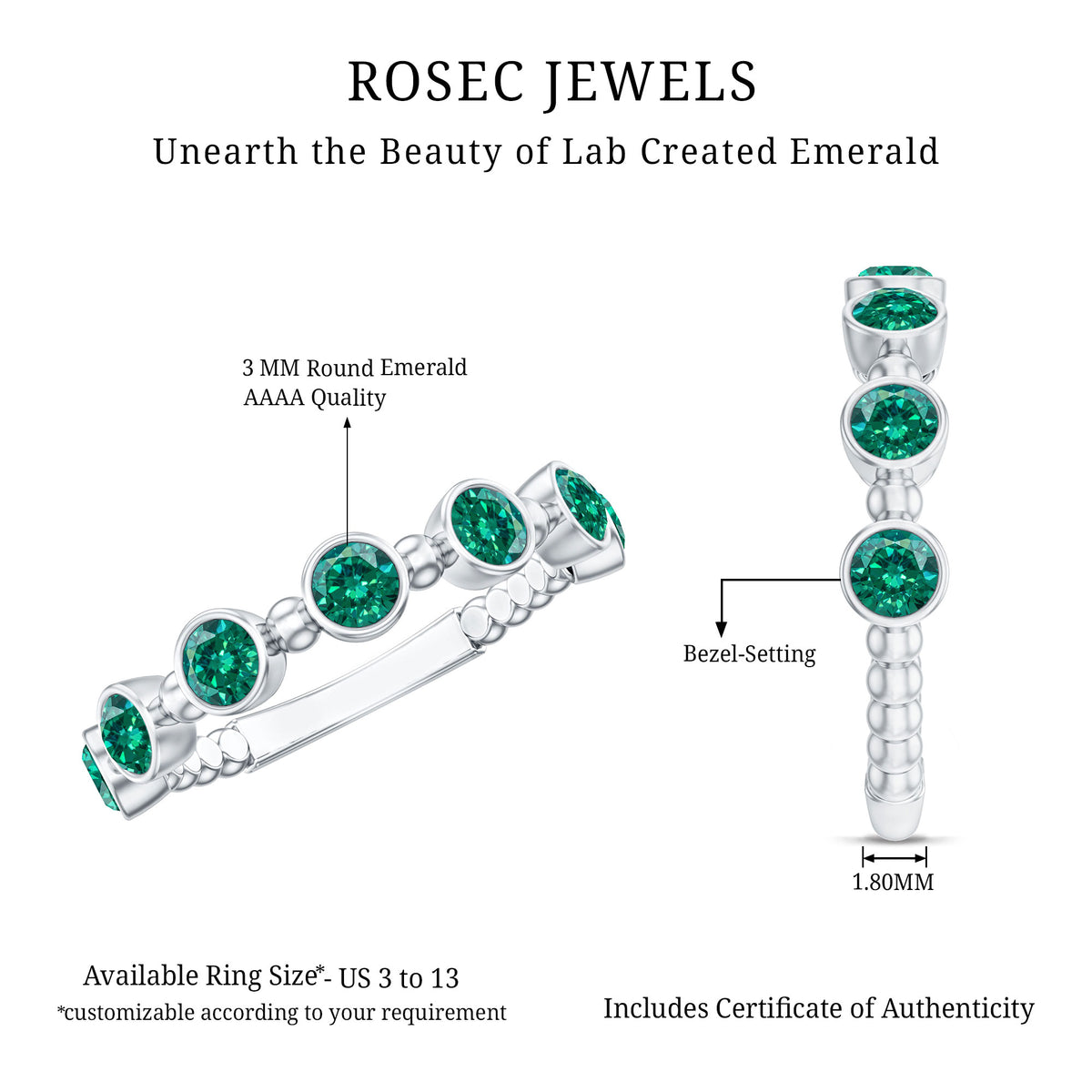 Bezel Set Lab Grown Emerald 7 Stone Half Eternity Ring with Certificate AAAA - Rosec Jewels