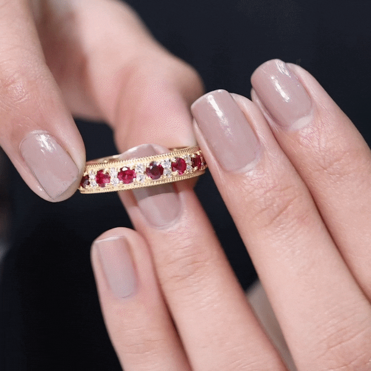 Rosec Jewels-Round Cut Lab Created Ruby and Diamond Wedding Band