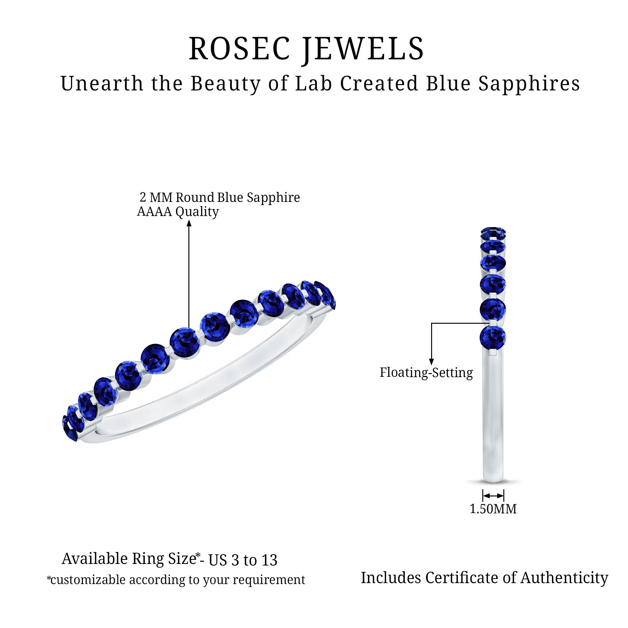 Certified Lab Grown Blue Sapphire Half Eternity Ring for Women AAAA - Rosec Jewels