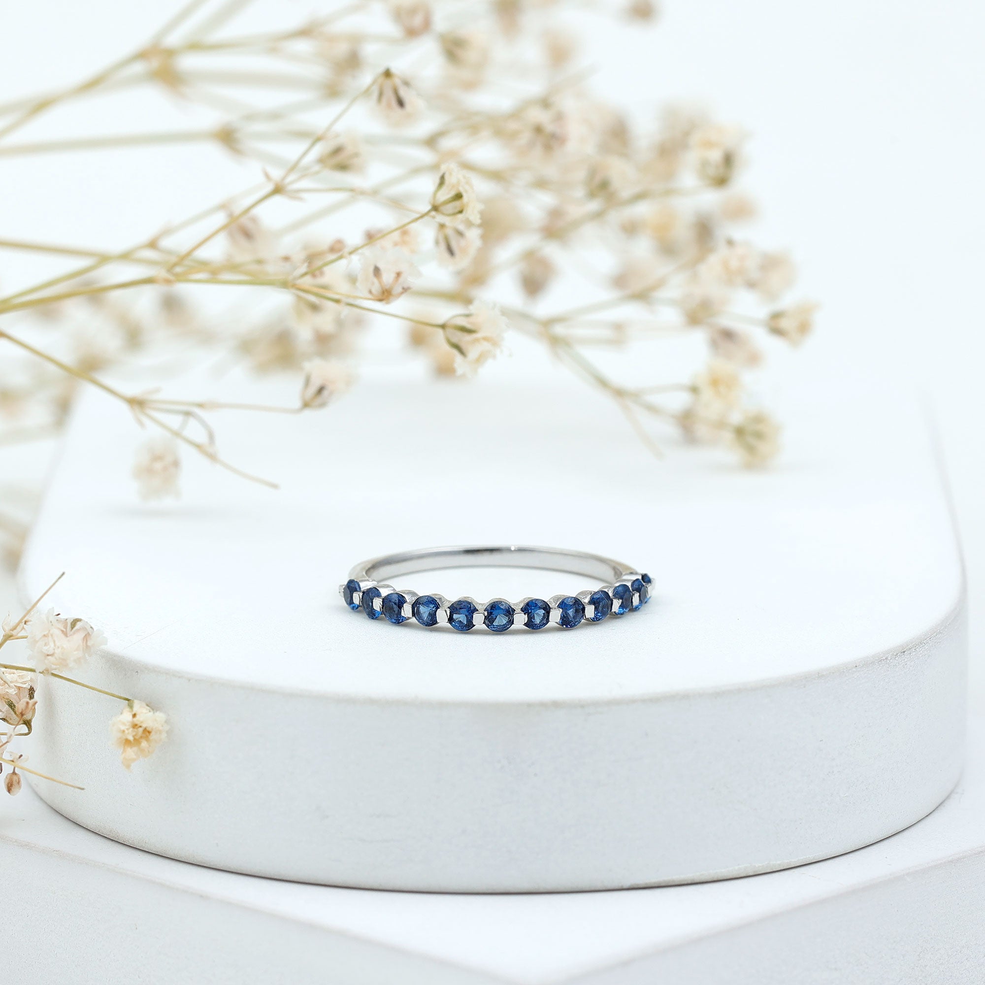 Certified Lab Grown Blue Sapphire Half Eternity Ring for Women AAAA - Rosec Jewels