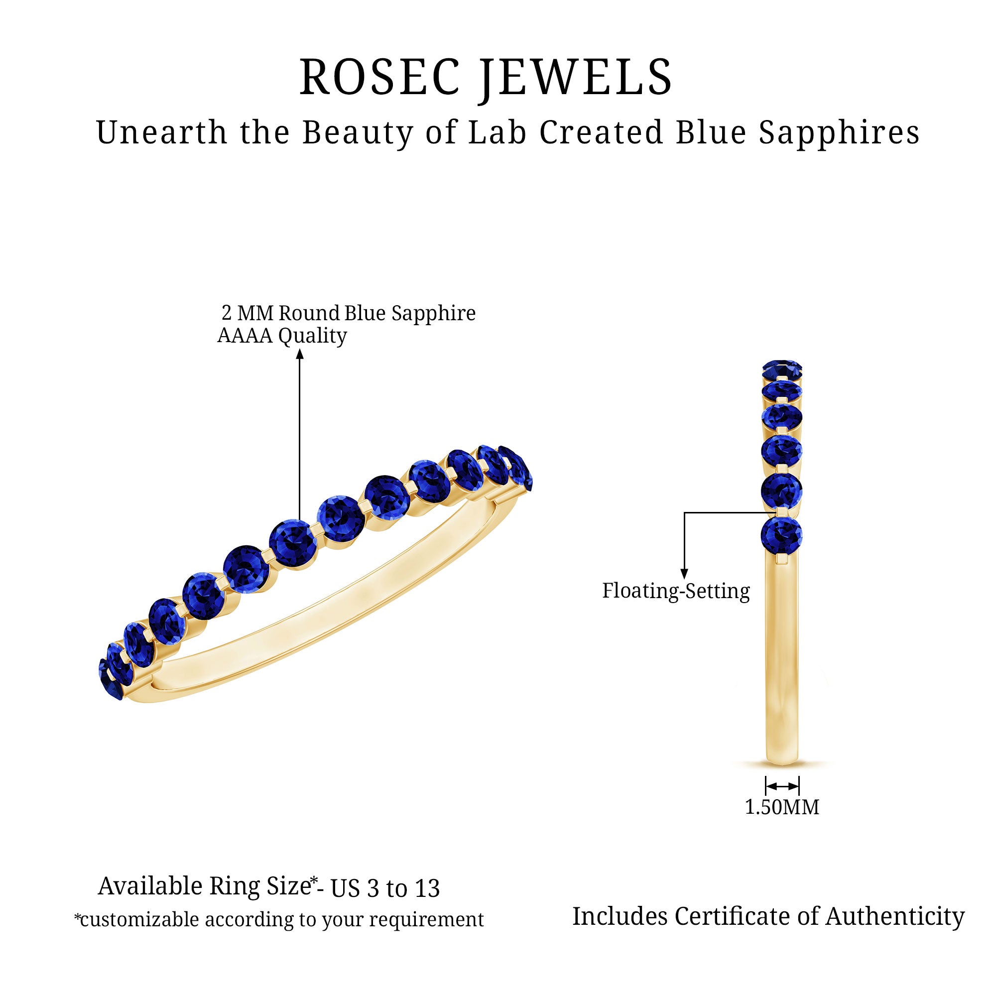Certified Lab Grown Blue Sapphire Half Eternity Ring for Women AAAA - Rosec Jewels