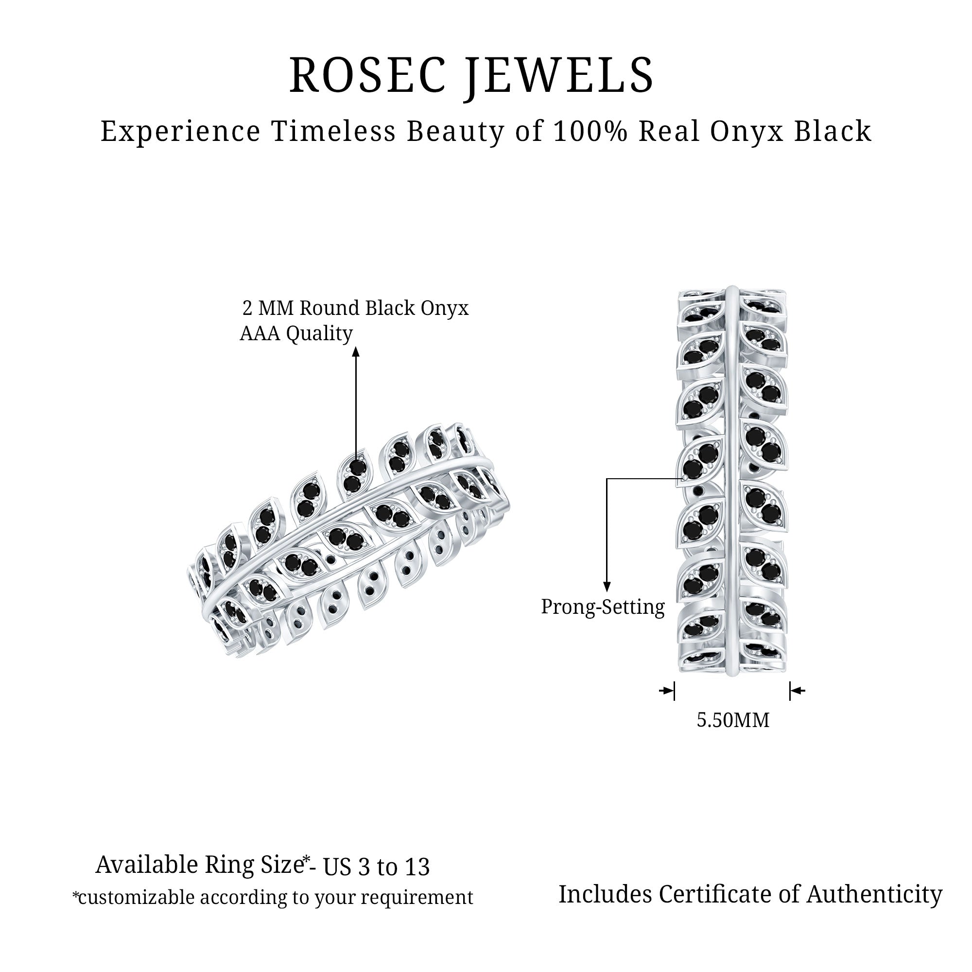 Real Black Onyx Leaf Wedding Band for Women AAA - Rosec Jewels