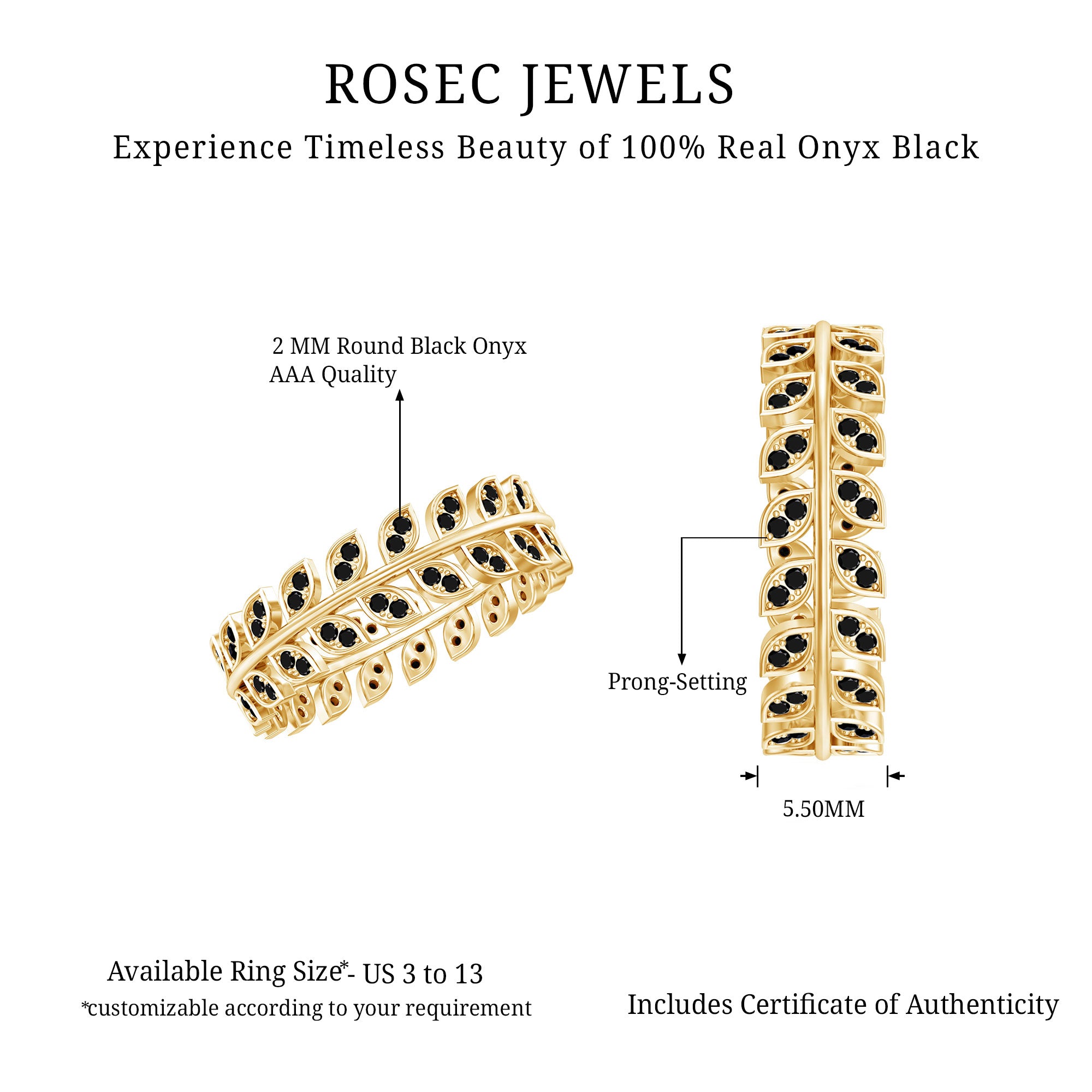 Real Black Onyx Leaf Wedding Band for Women AAA - Rosec Jewels