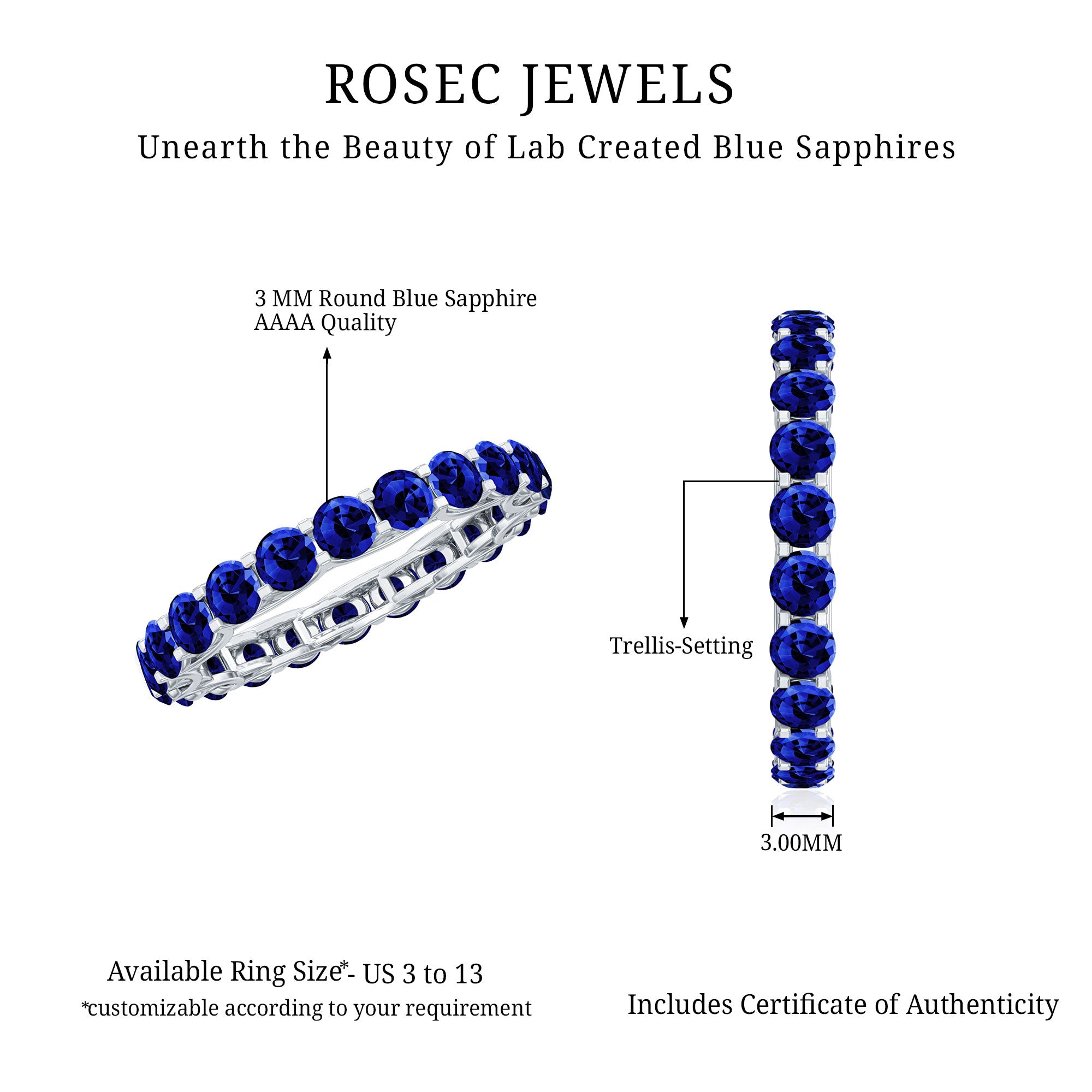 Round Lab Grown Blue Sapphire Full Eternity Band Ring AAAA - Rosec Jewels