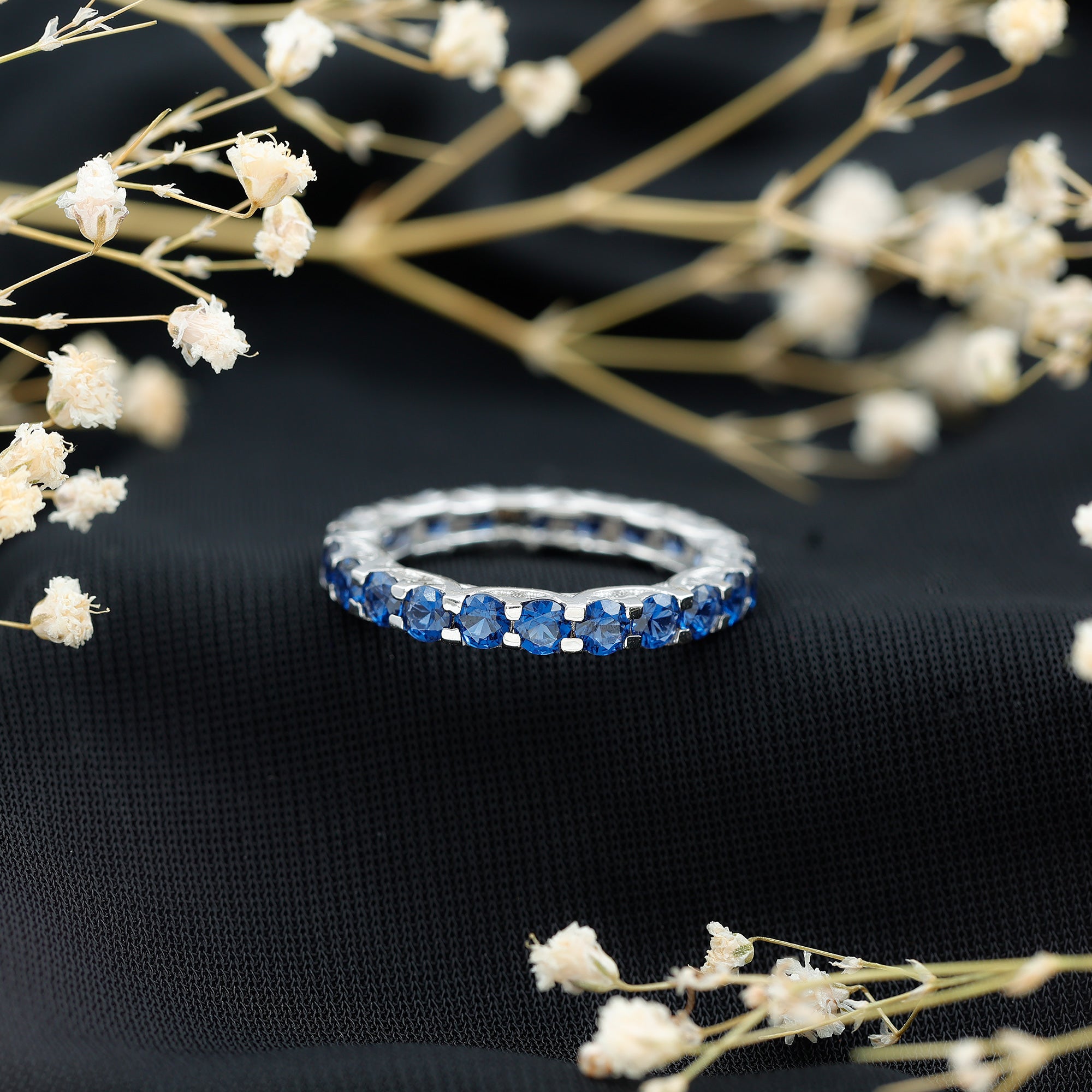 Round Lab Grown Blue Sapphire Full Eternity Band Ring AAAA - Rosec Jewels