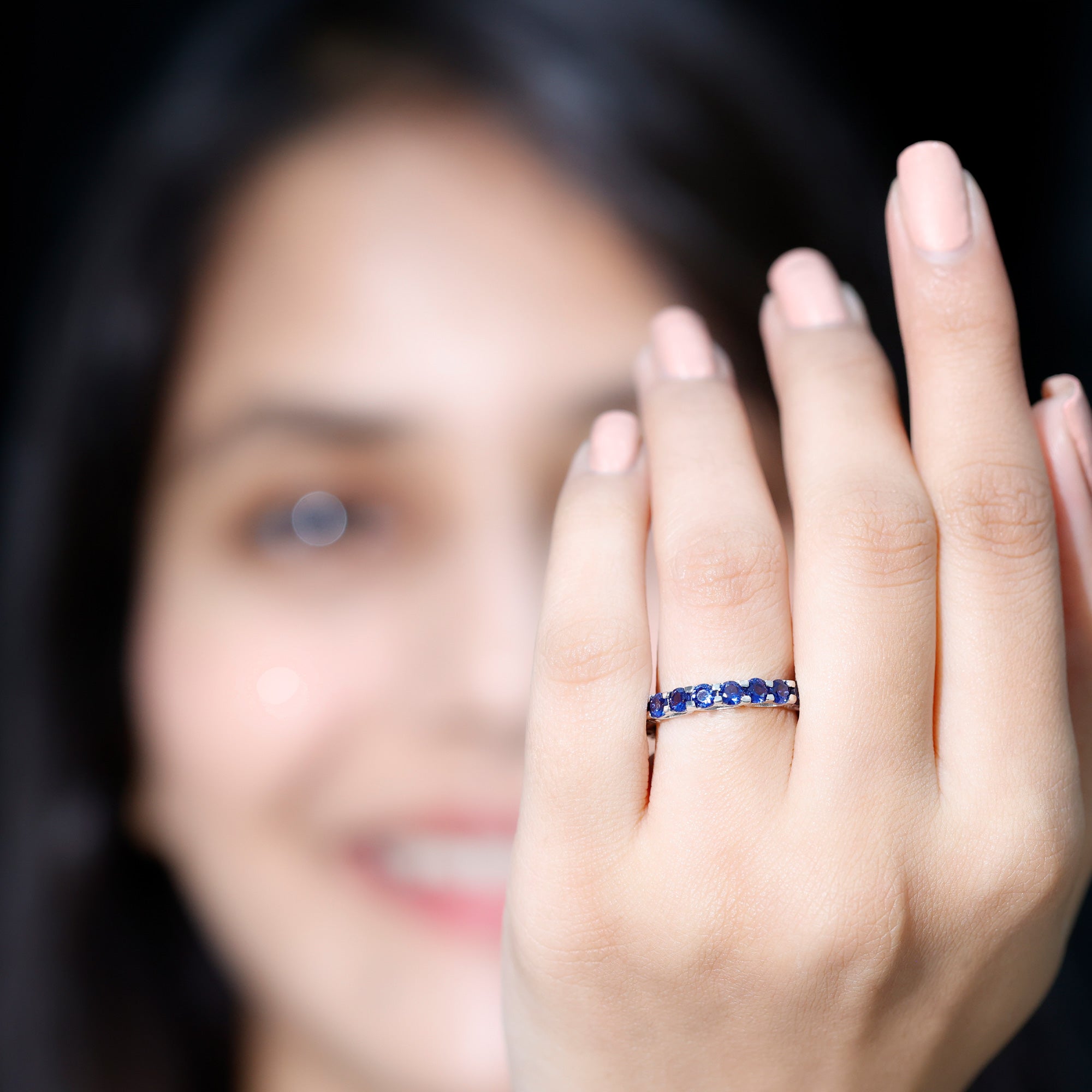 Round Lab Grown Blue Sapphire Full Eternity Band Ring AAAA - Rosec Jewels