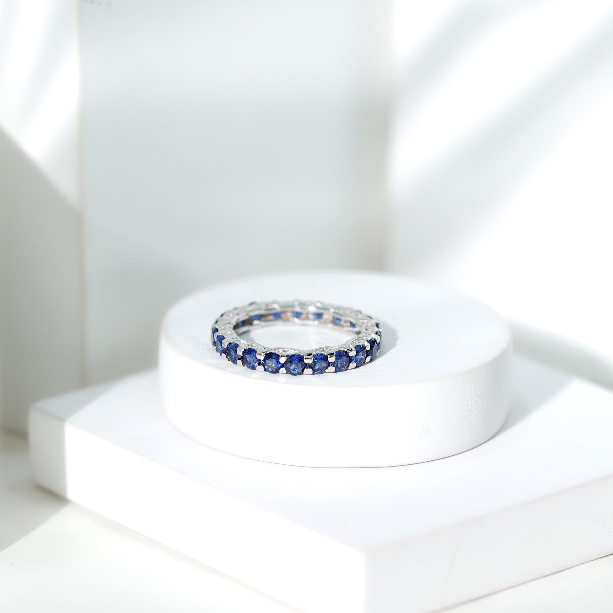 Round Lab Grown Blue Sapphire Full Eternity Band Ring AAAA - Rosec Jewels