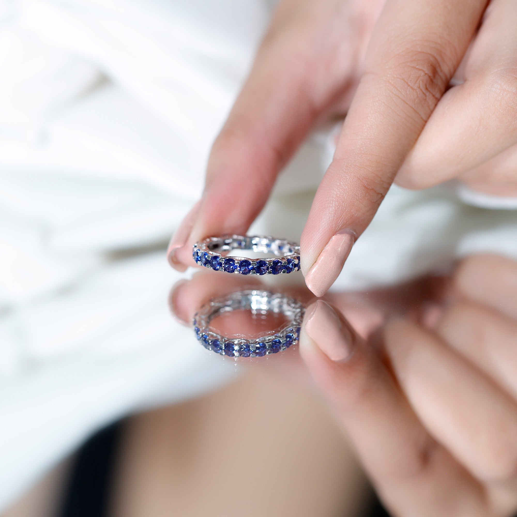 Round Lab Grown Blue Sapphire Full Eternity Band Ring AAAA - Rosec Jewels