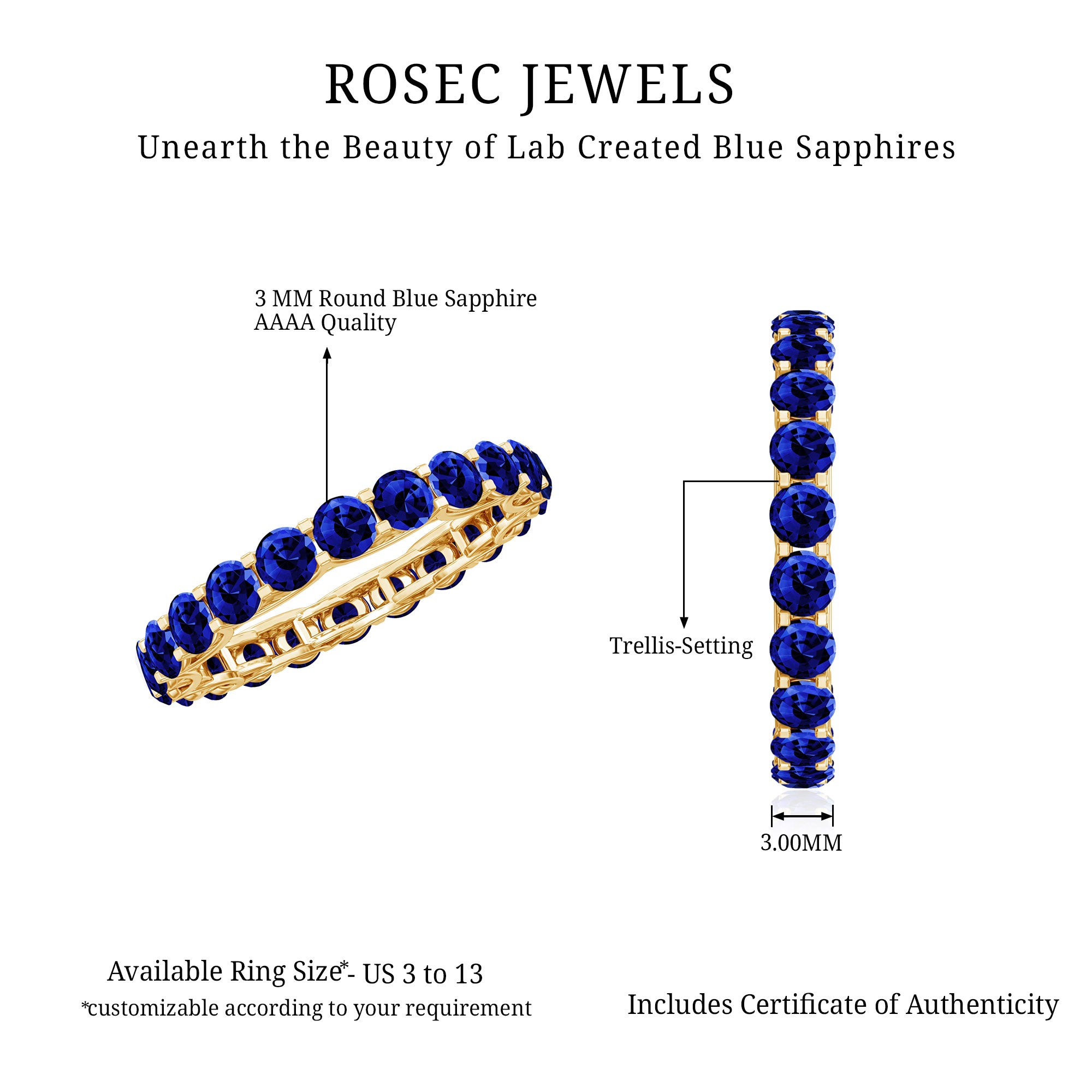 Round Lab Grown Blue Sapphire Full Eternity Band Ring AAAA - Rosec Jewels