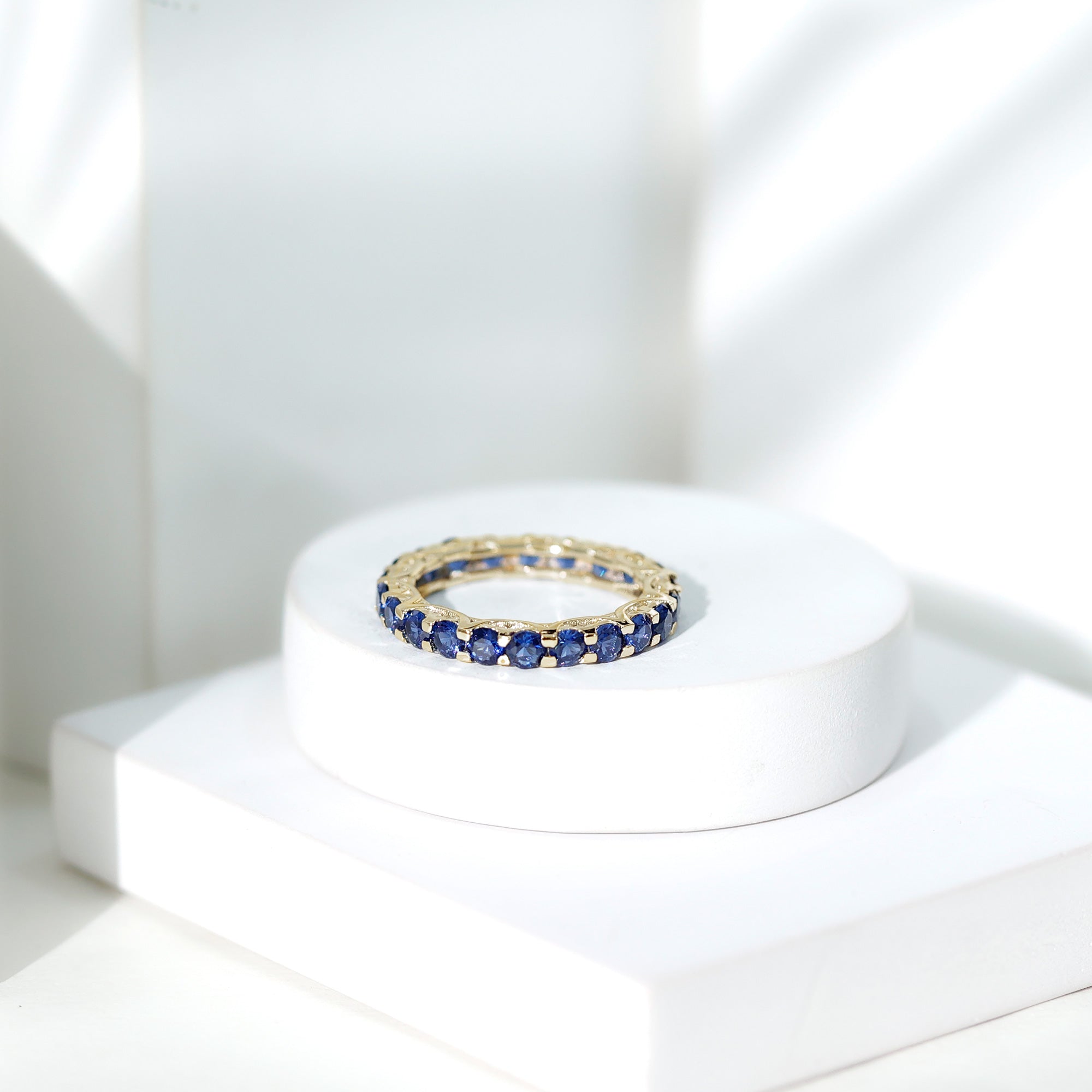 Round Lab Grown Blue Sapphire Full Eternity Band Ring AAAA - Rosec Jewels