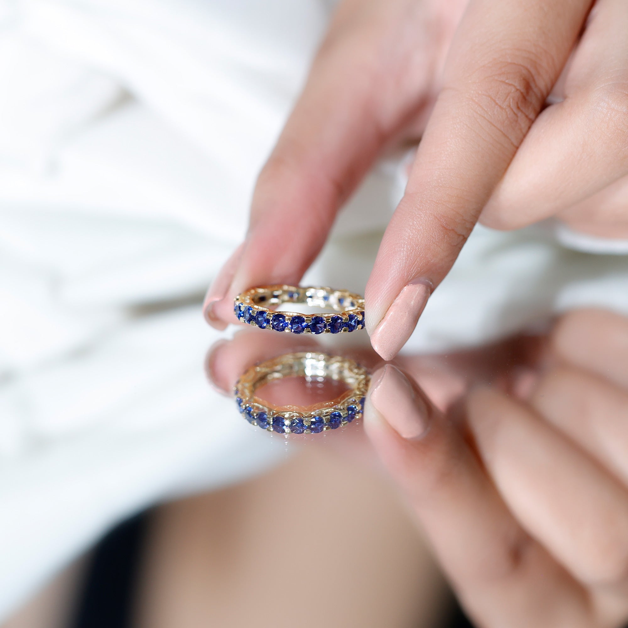 Round Lab Grown Blue Sapphire Full Eternity Band Ring AAAA - Rosec Jewels