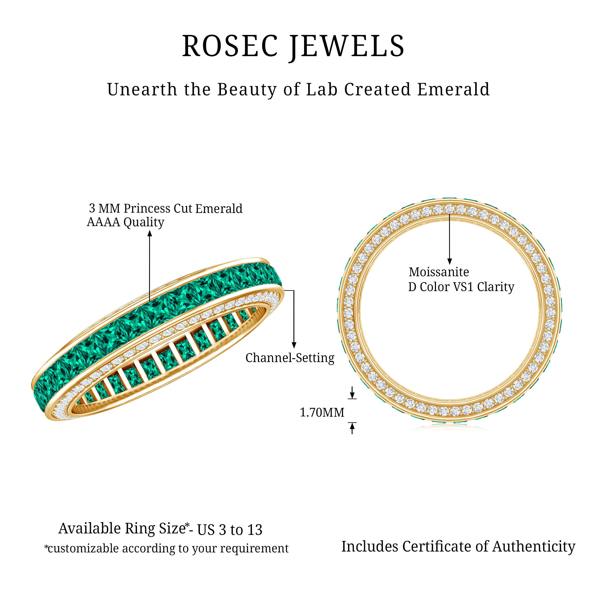 Certified Princess Cut Lab Grown Emerald Eternity Wedding Band in Channel Setting AAAA - Rosec Jewels