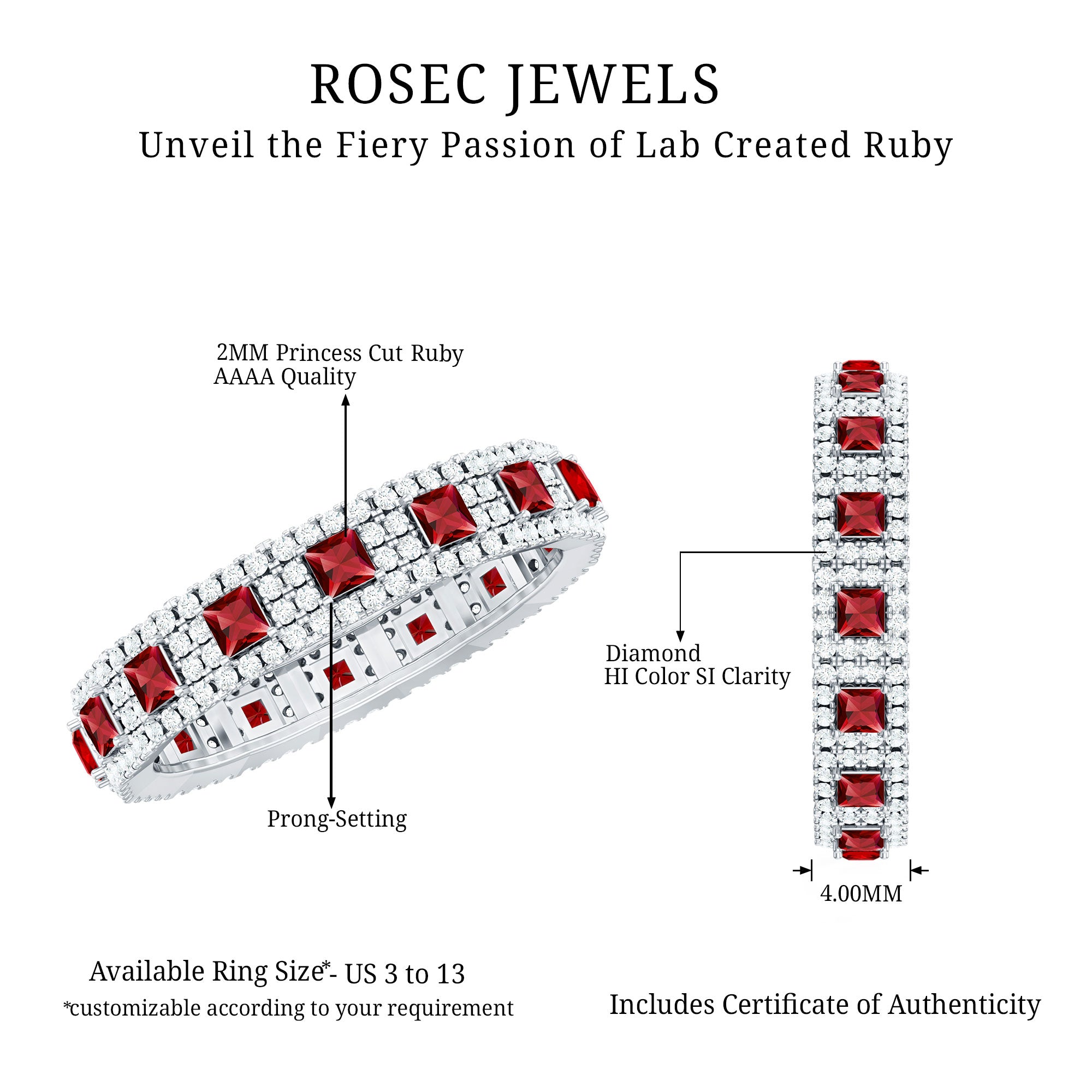 1.75 CT Princess Cut Created Ruby Wedding Band Ring with Diamond Accent AAAA - Rosec Jewels