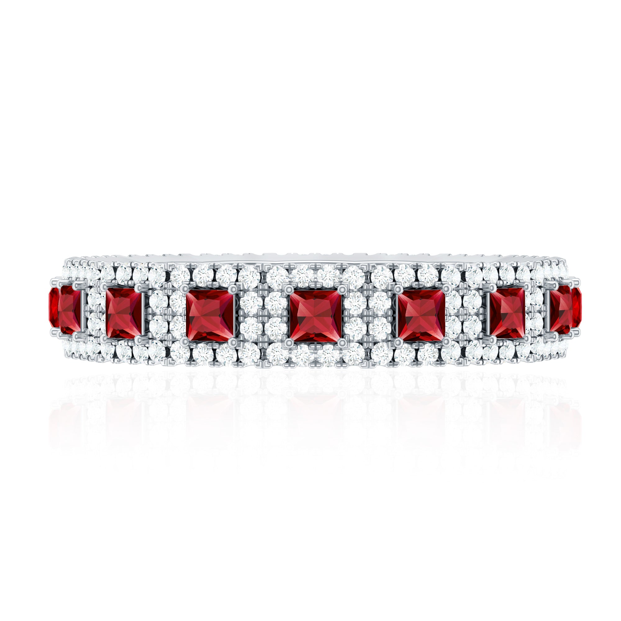 1.75 CT Princess Cut Created Ruby Wedding Band Ring with Diamond Accent AAAA - Rosec Jewels