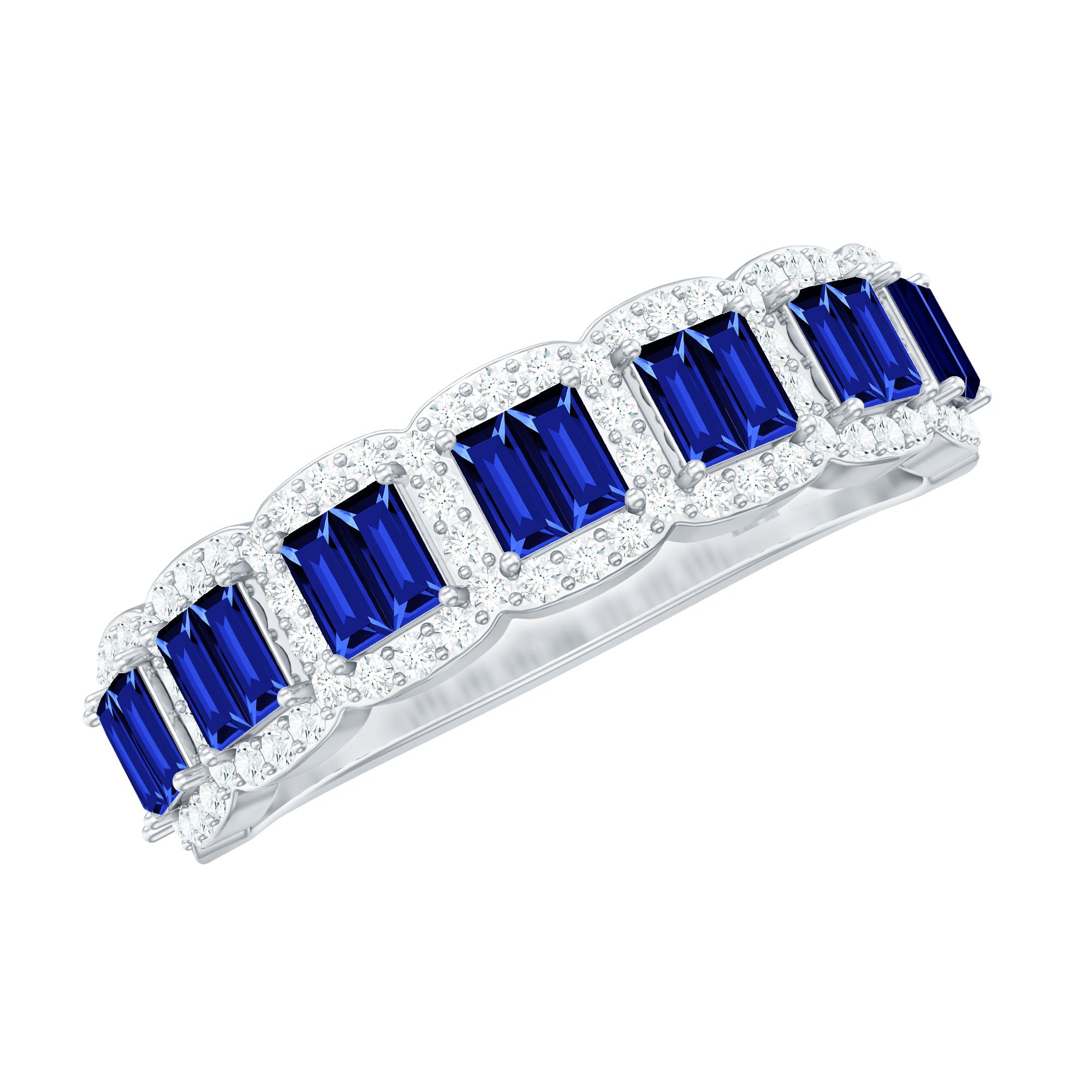 Lab Created Blue Sapphire Designer Half Eternity Ring with Moissanite