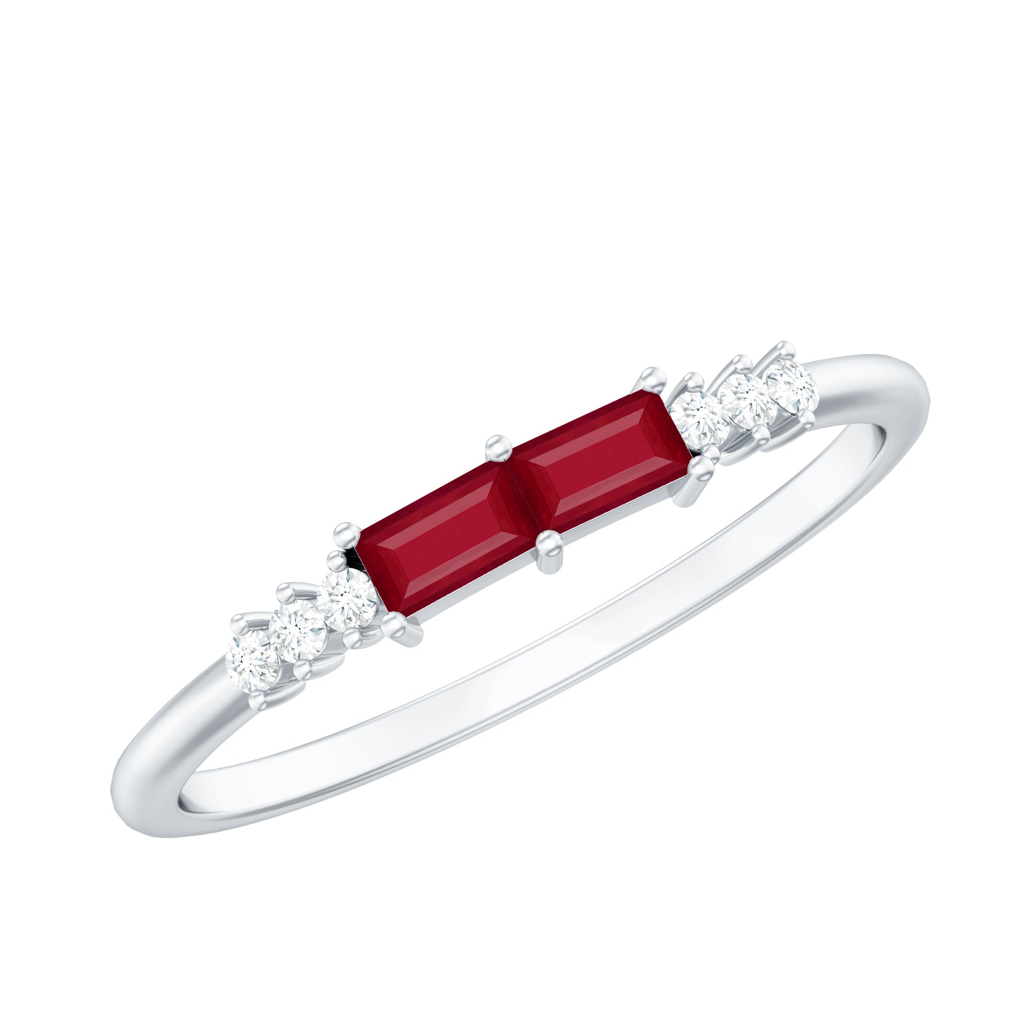 Natural Baguette Ruby 2 Stone Promise Ring with Diamond AAA - Rosec Jewels