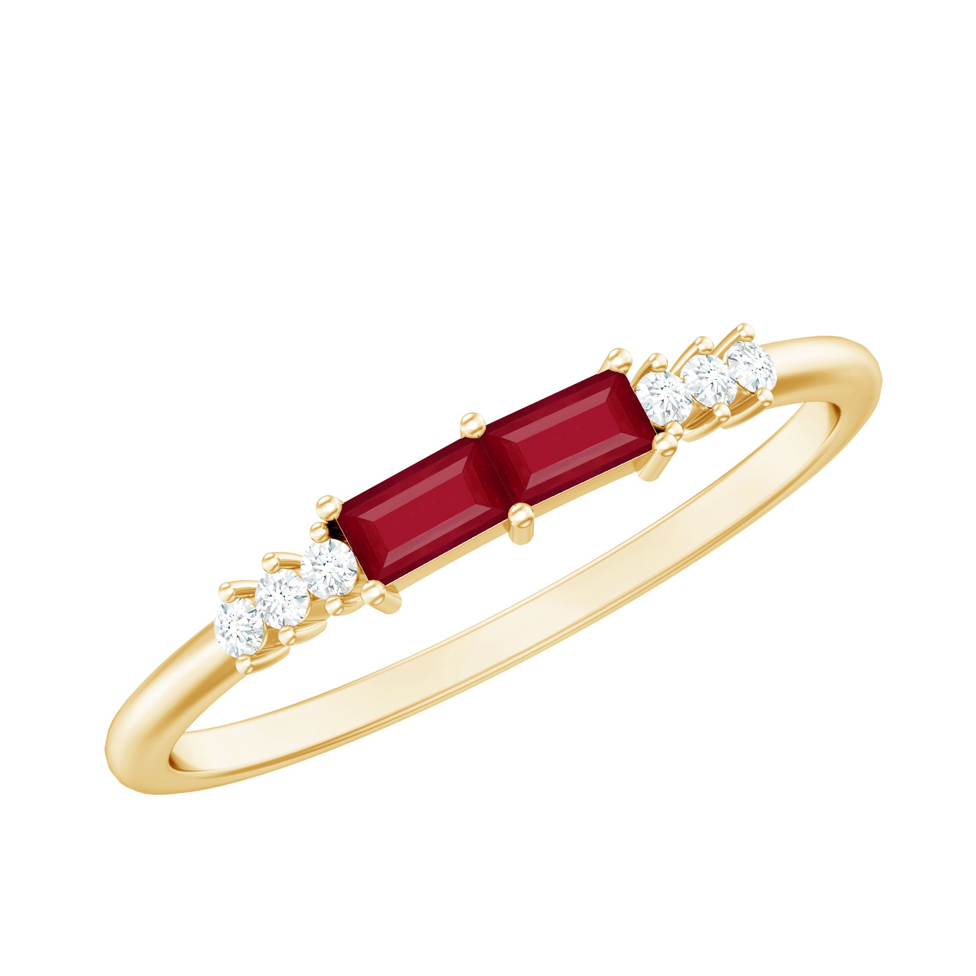 Natural Baguette Ruby 2 Stone Promise Ring with Diamond AAA - Rosec Jewels