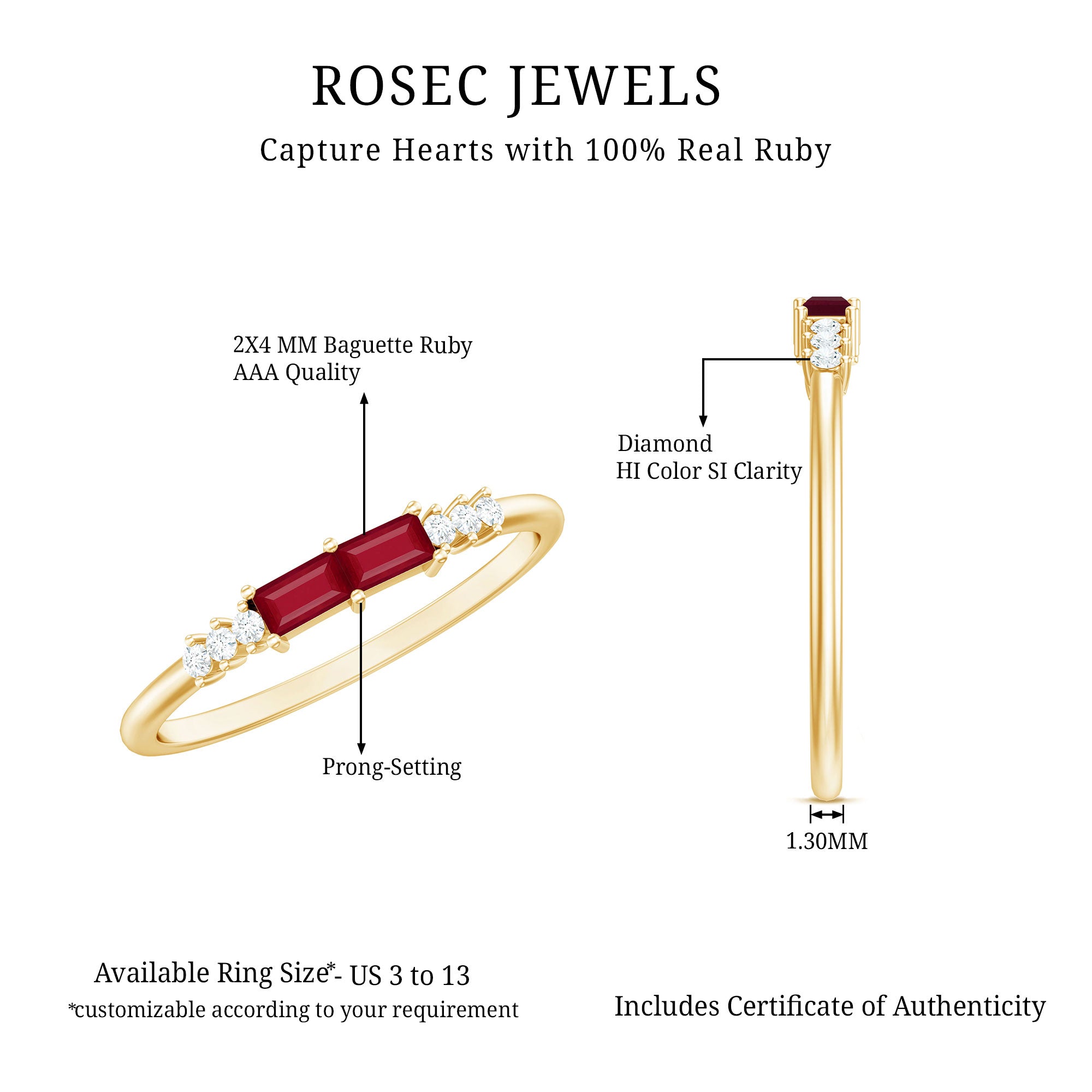 Natural Baguette Ruby 2 Stone Promise Ring with Diamond AAA - Rosec Jewels