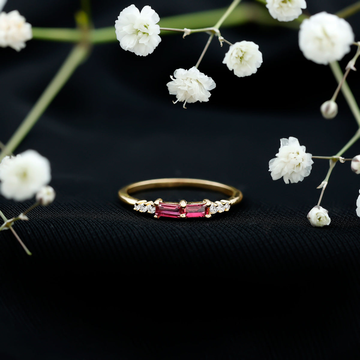 Natural Baguette Ruby 2 Stone Promise Ring with Diamond AAA - Rosec Jewels