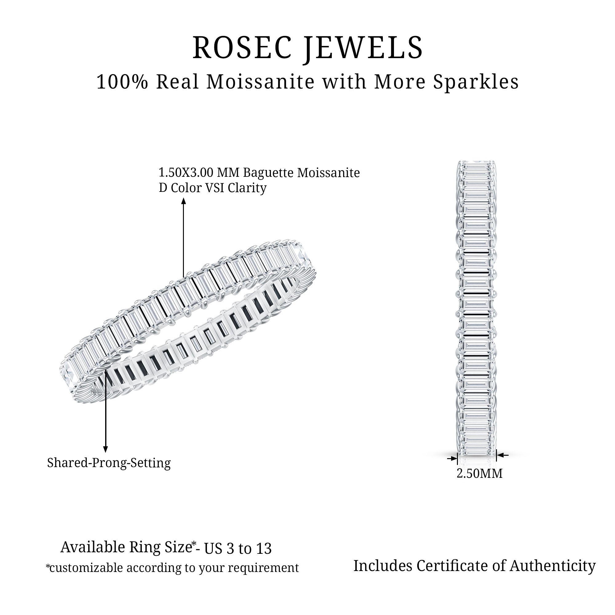 Baguette Cut Moissanite Eternity Ring in Shared Prong Setting D-VS1 - Rosec Jewels