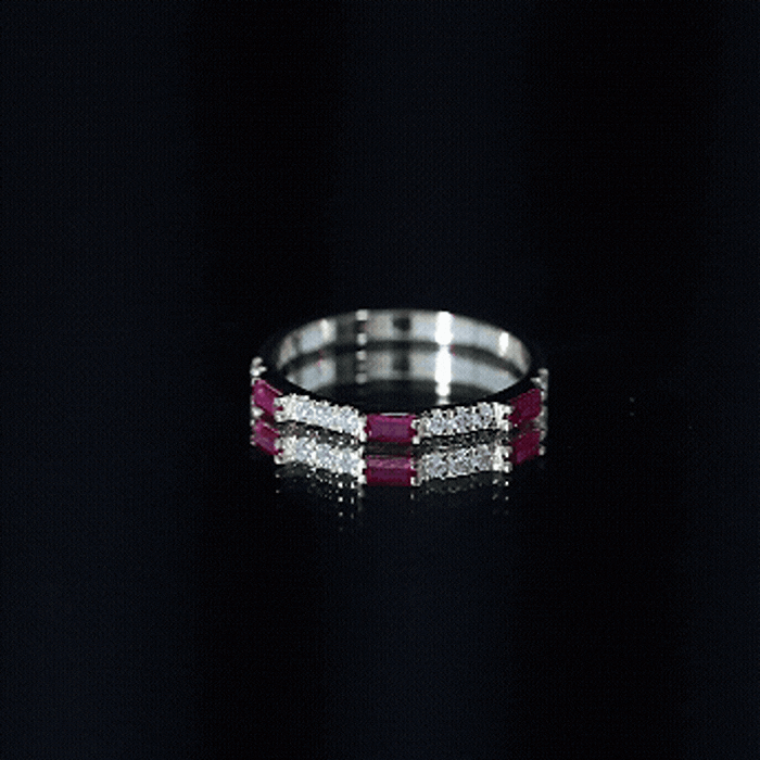 Rosec Jewels-3/4 CT Baguette Cut Lab Grown Ruby Stackable Ring with Diamond