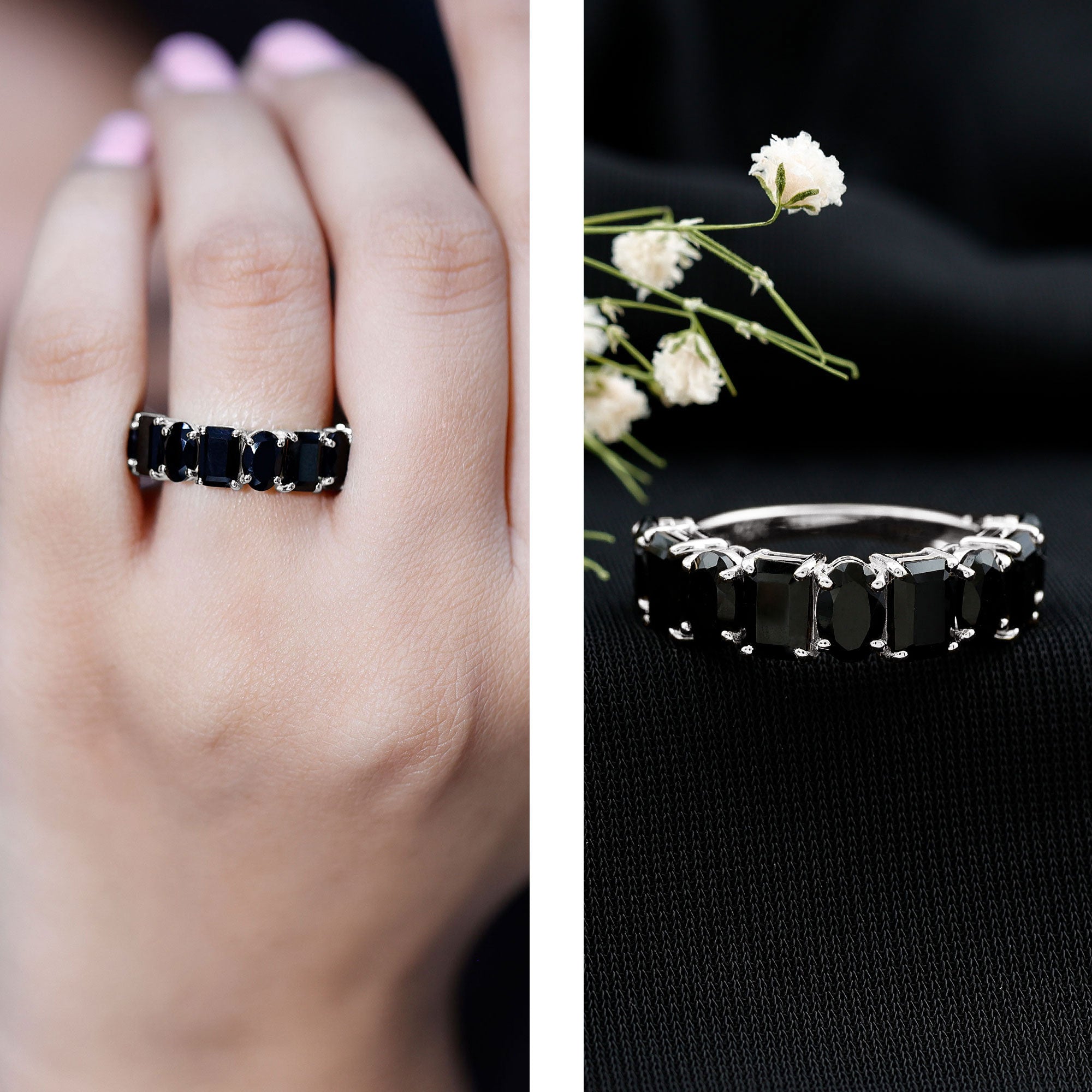 Oval and Emerald Cut Black Onyx Half Eternity Wedding Band AAA - Rosec Jewels