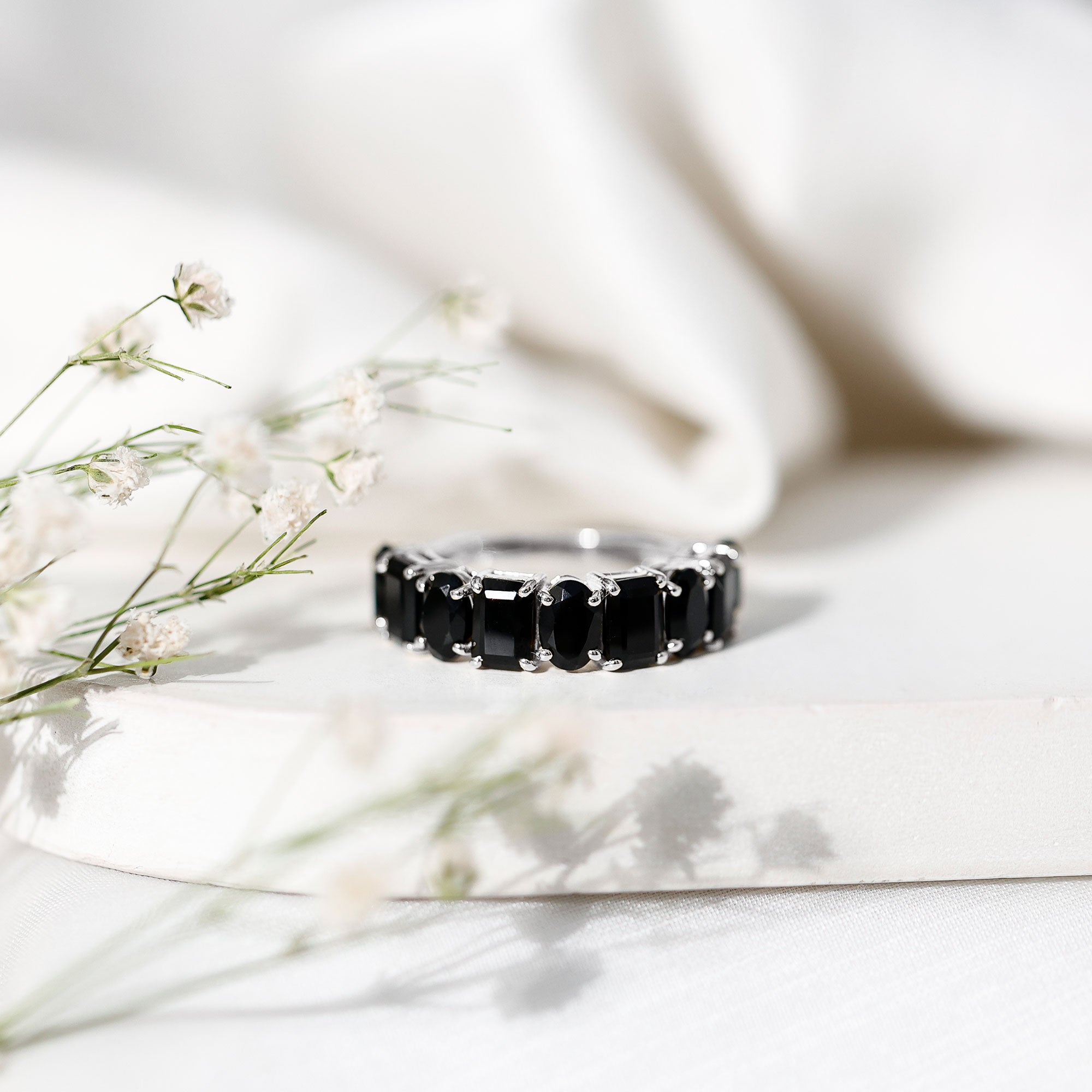 Oval and Emerald Cut Black Onyx Half Eternity Wedding Band AAA - Rosec Jewels