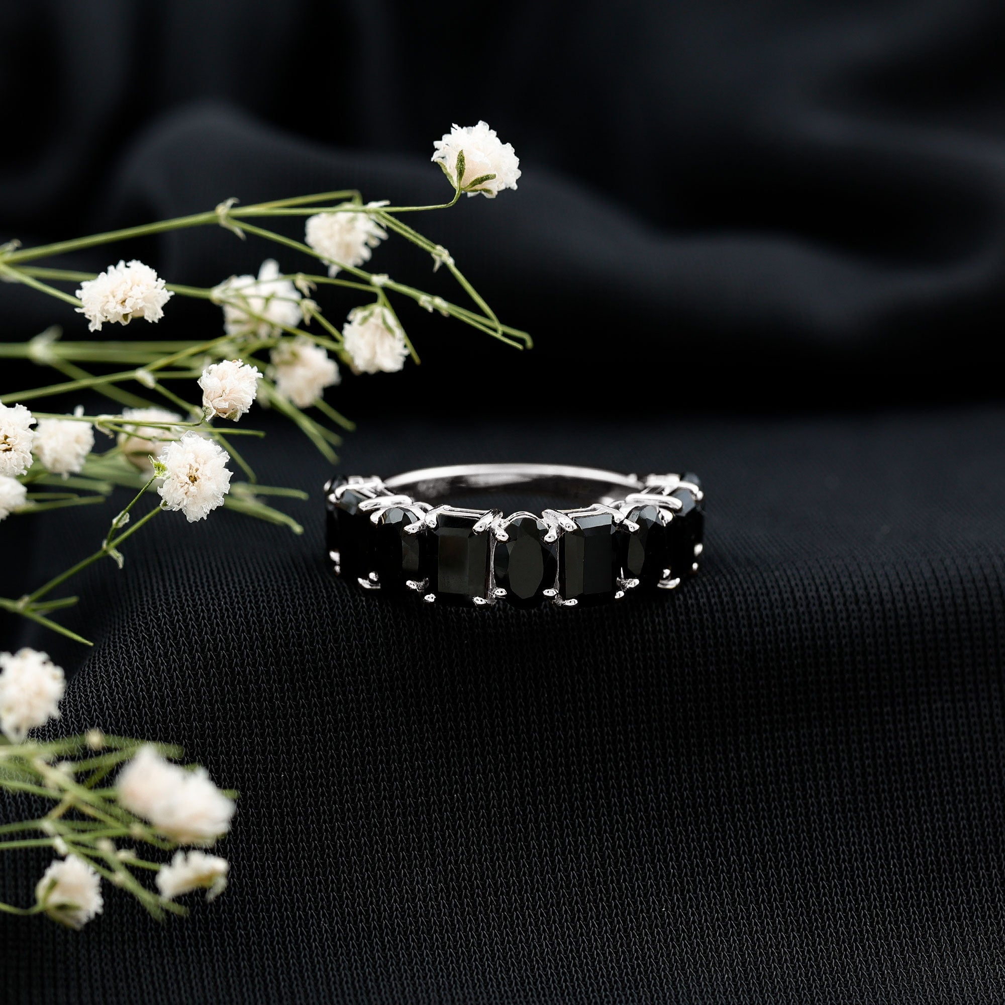 Oval and Emerald Cut Black Onyx Half Eternity Wedding Band AAA - Rosec Jewels