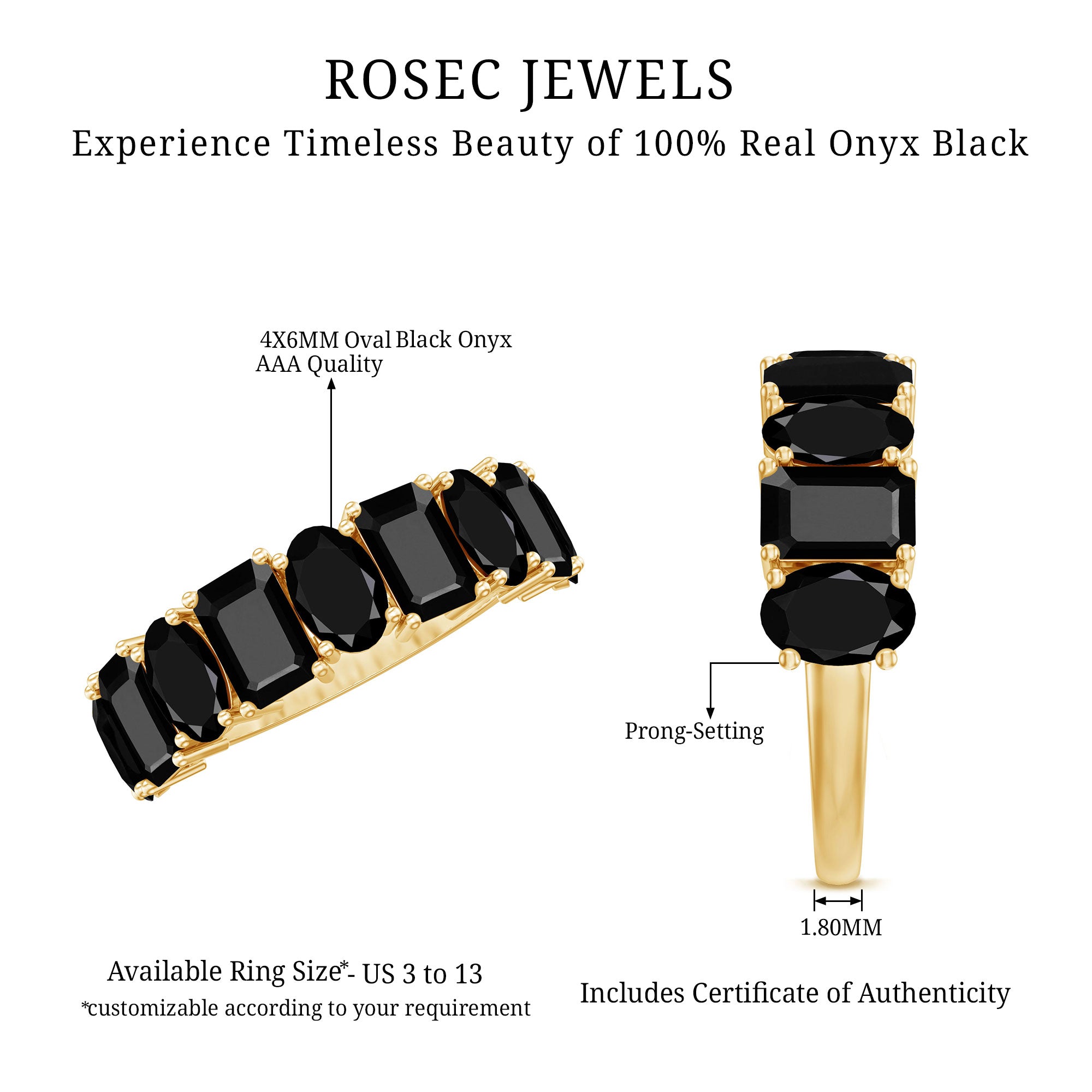 Oval and Emerald Cut Black Onyx Half Eternity Wedding Band AAA - Rosec Jewels
