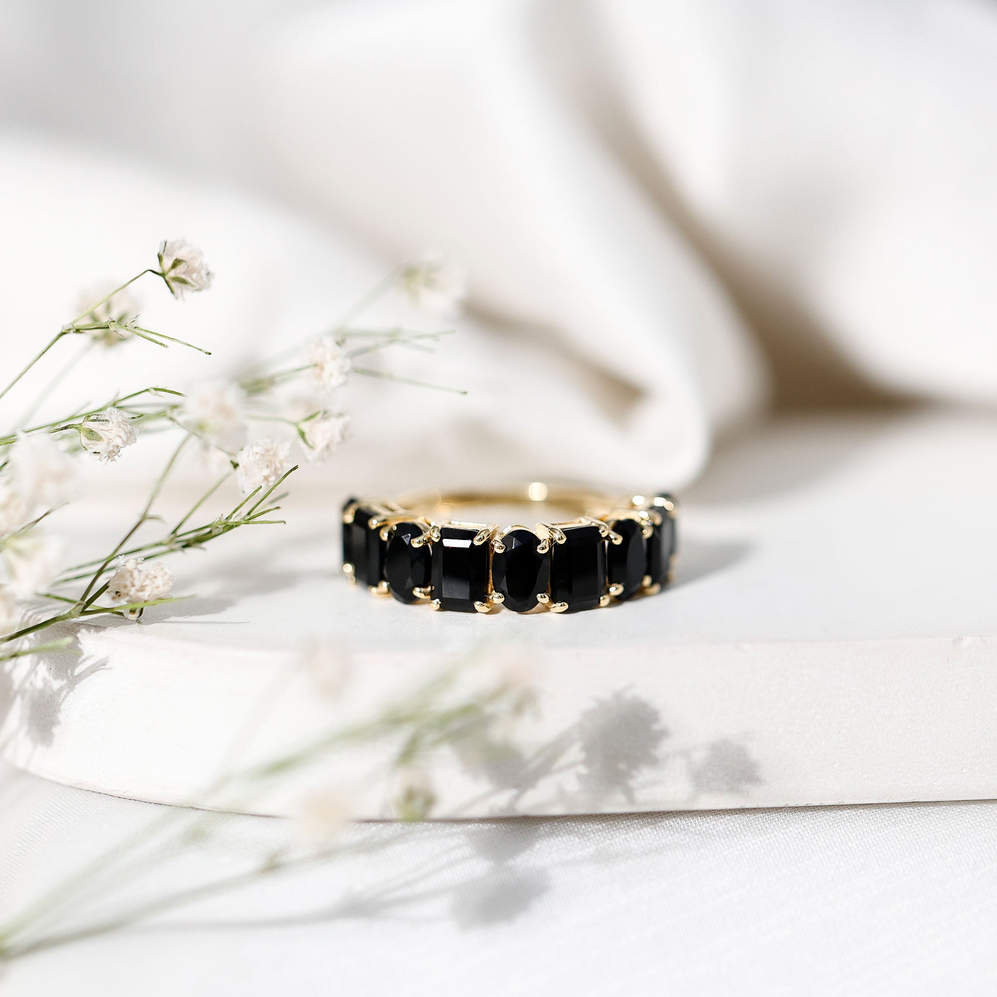 Oval and Emerald Cut Black Onyx Half Eternity Wedding Band AAA - Rosec Jewels
