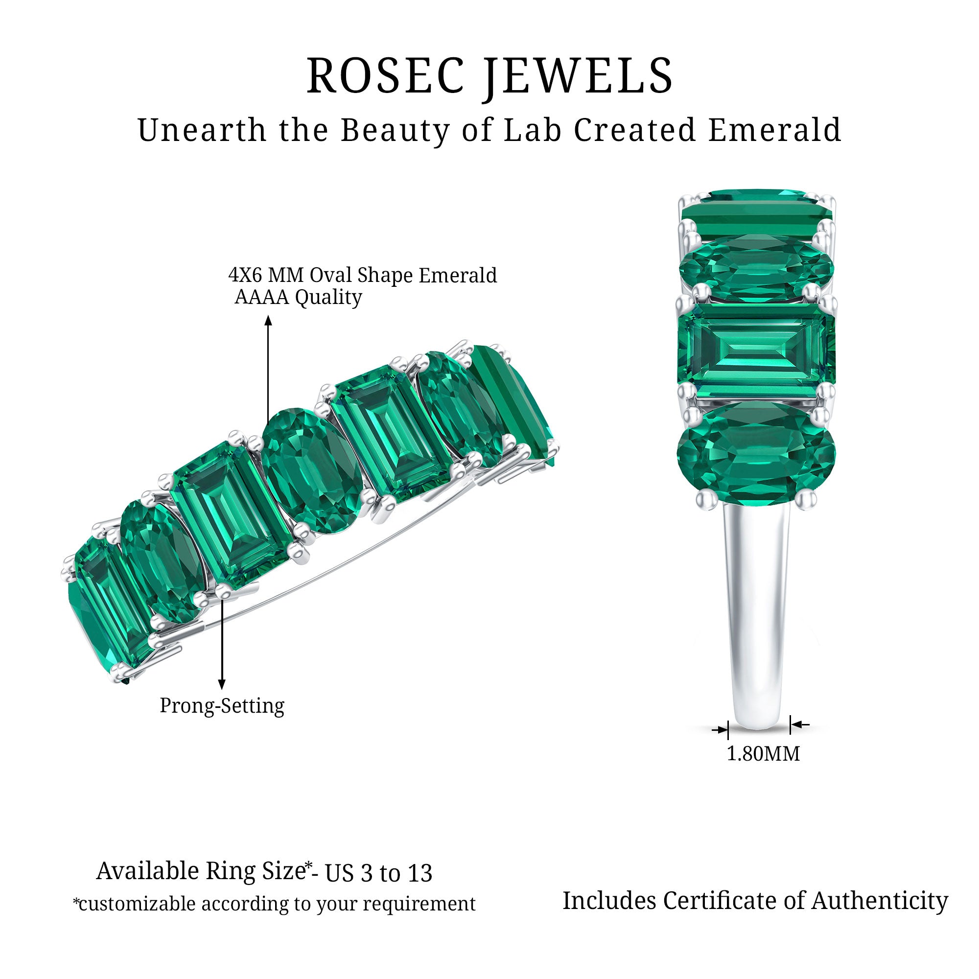 Certified Lab Grown Emerald Wedding Anniversary Band AAAA - Rosec Jewels