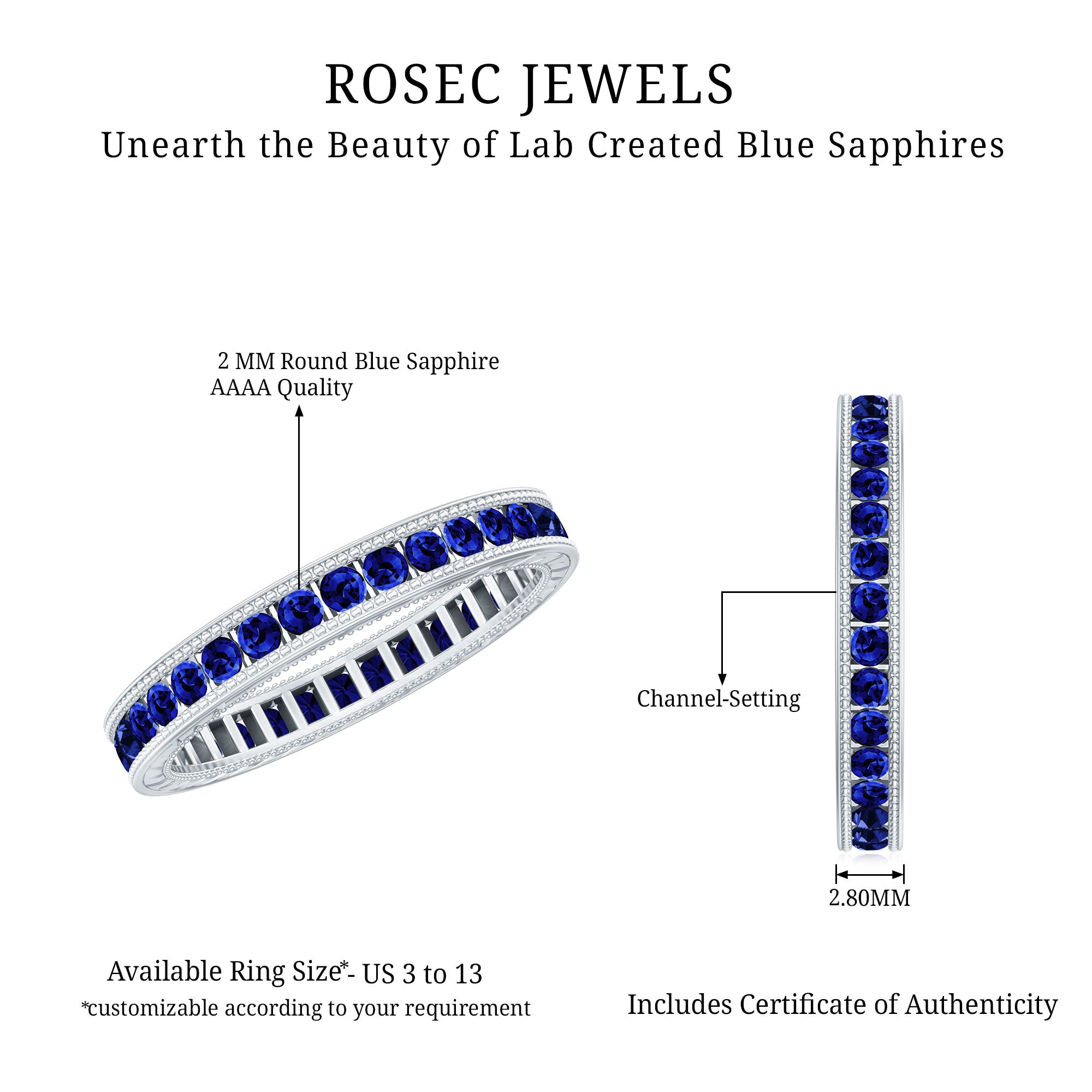 Certified Lab Created Blue Sapphire Full Eternity Ring in Channel Setting AAAA - Rosec Jewels