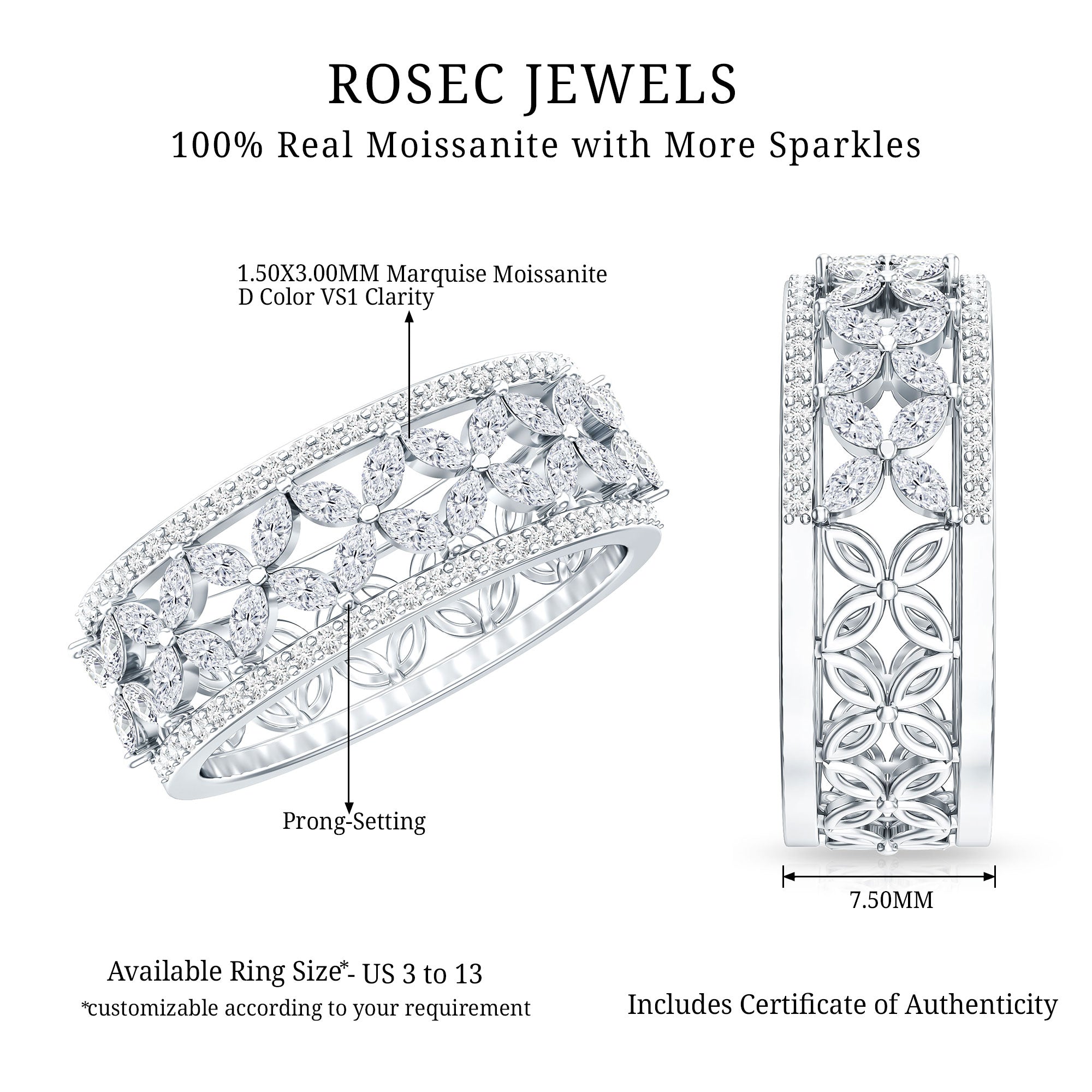 Certified Moissanite Flower Wedding Band for Women D-VS1 - Rosec Jewels