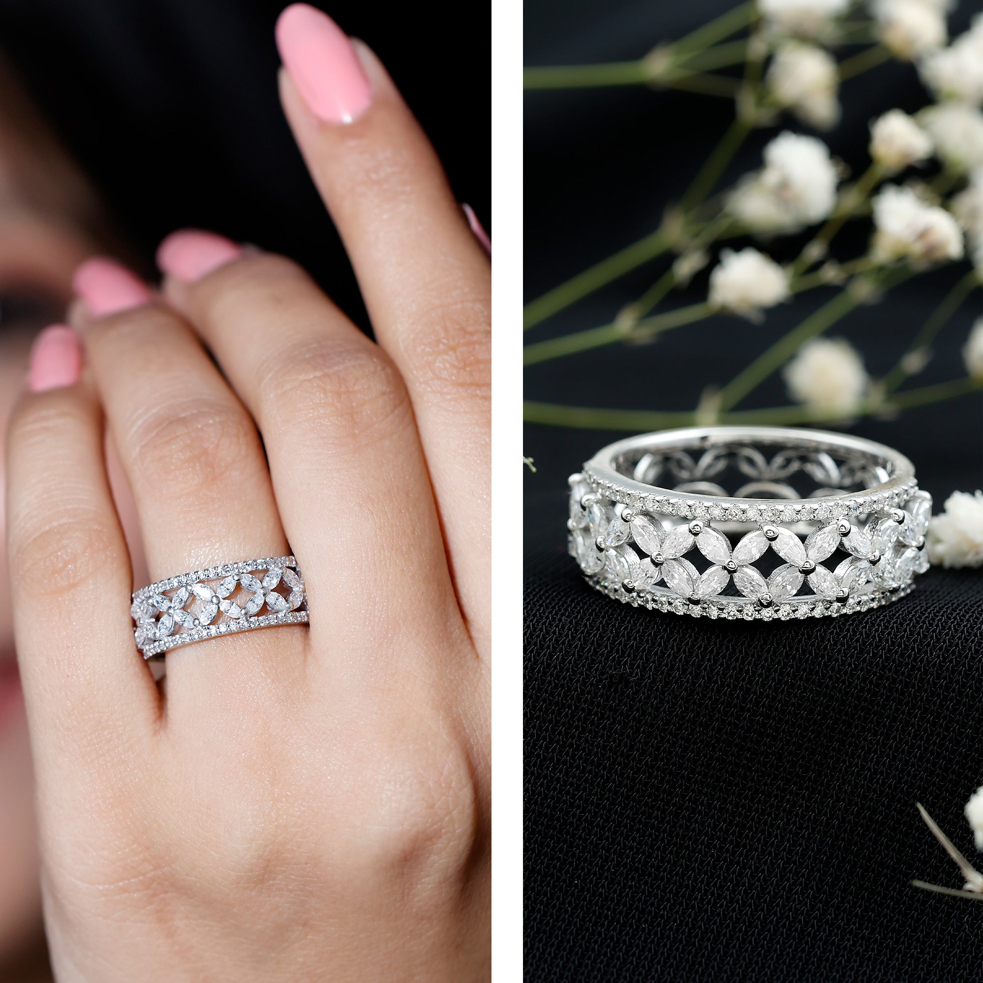Certified Moissanite Flower Wedding Band for Women D-VS1 - Rosec Jewels