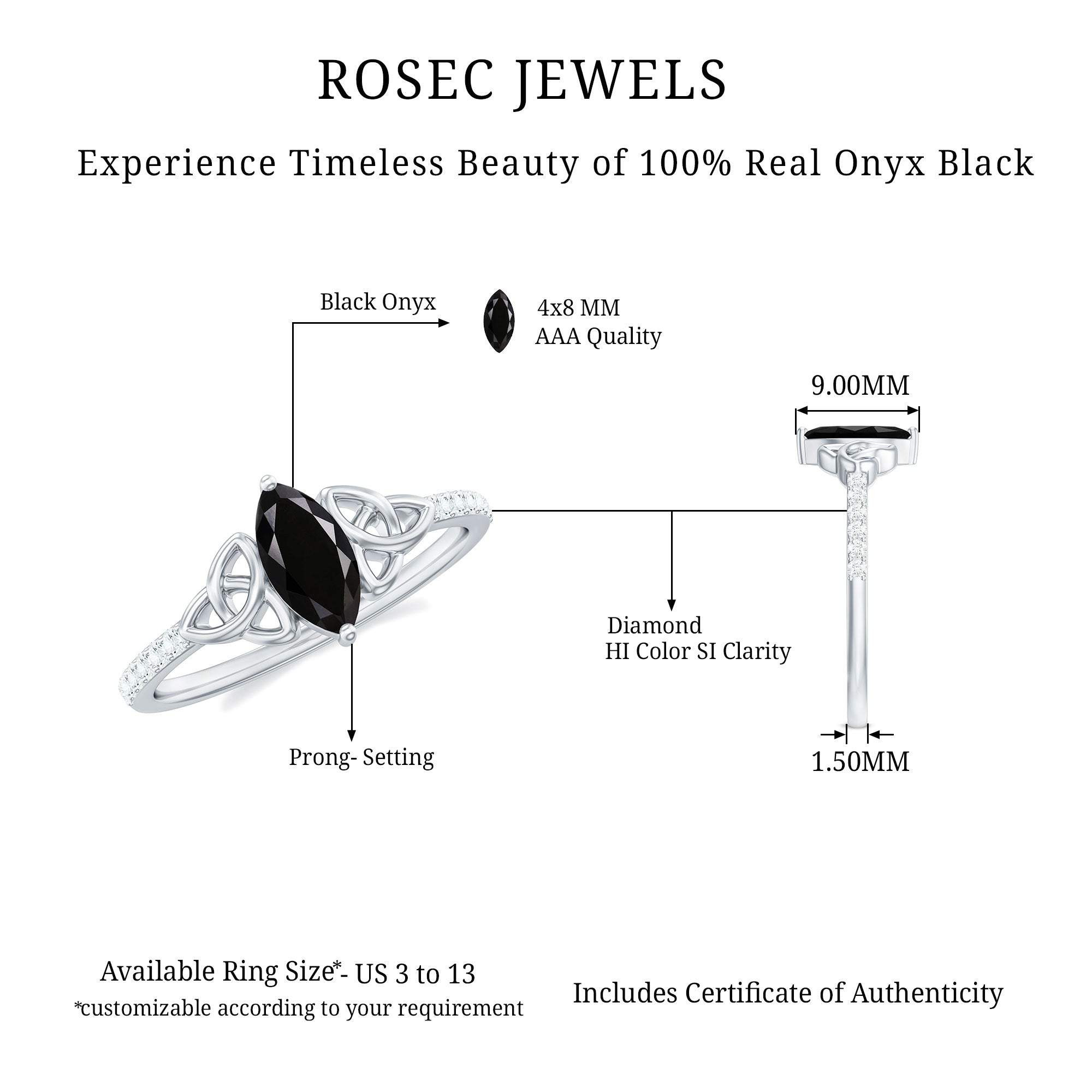 Genuine Black Onyx and Diamond Celtic Design Engagement Ring AAA - Rosec Jewels