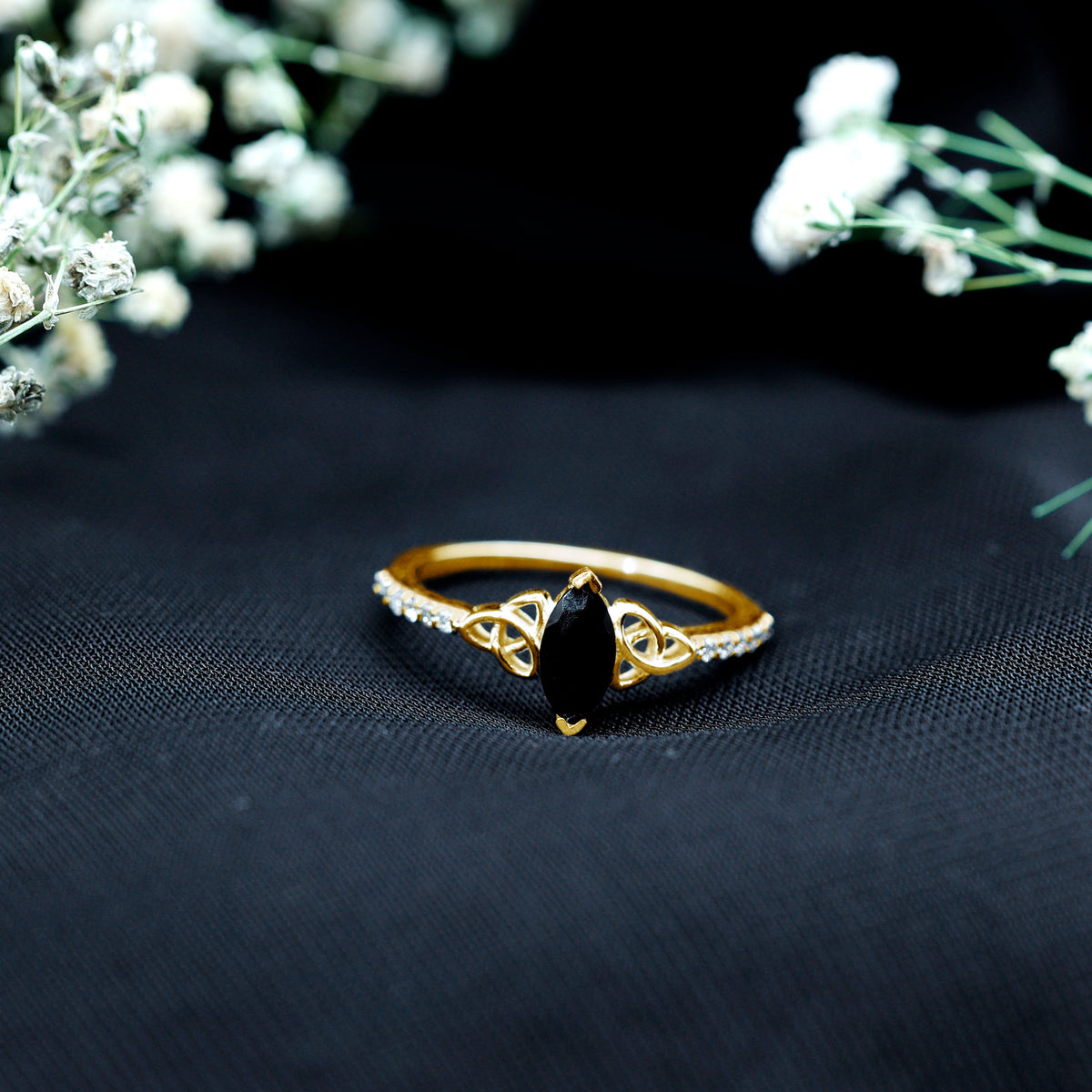 Genuine Black Onyx and Diamond Celtic Design Engagement Ring AAA - Rosec Jewels