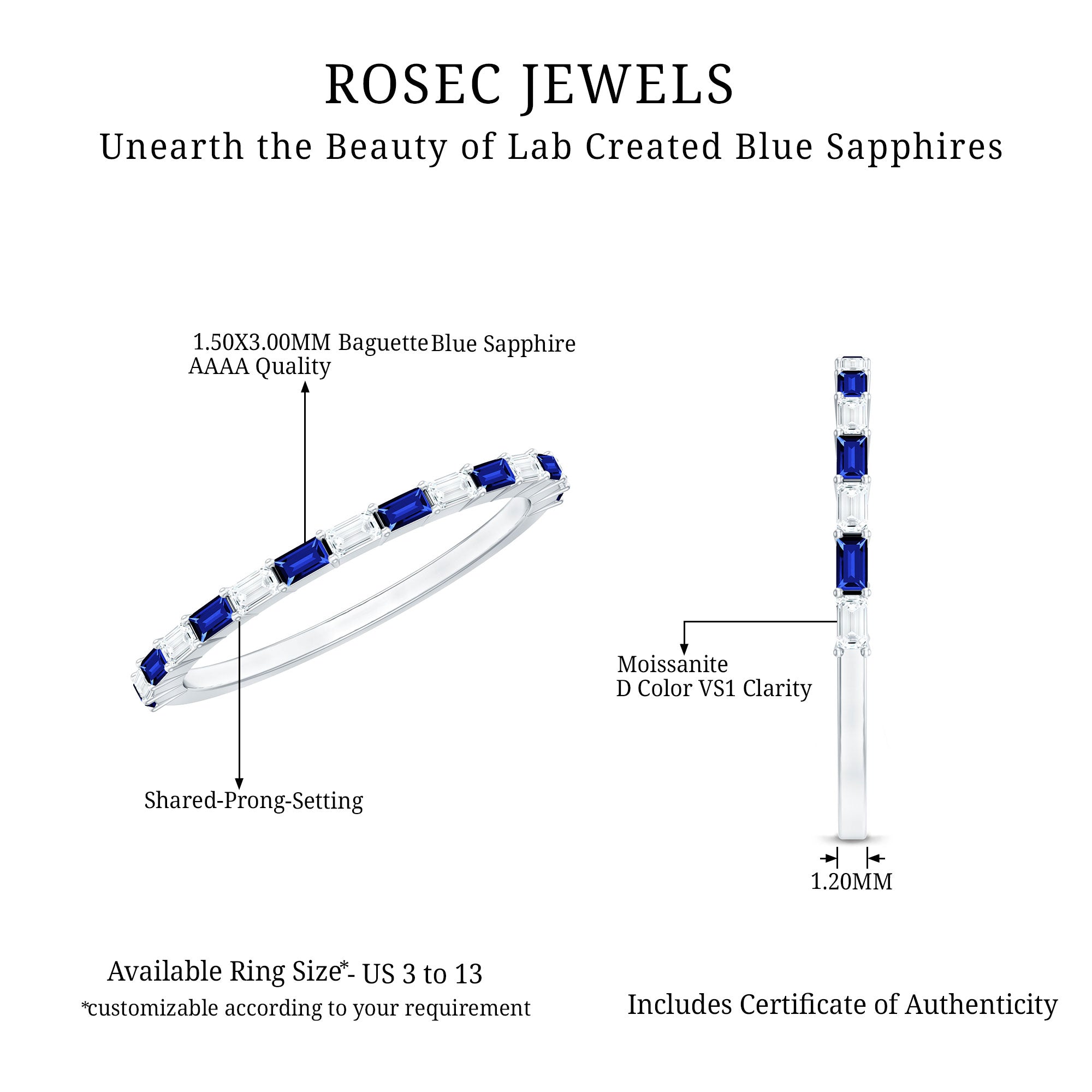 Lab Grown Blue Sapphire Baguette Eternity Ring with Moissanite AAAA - Rosec Jewels