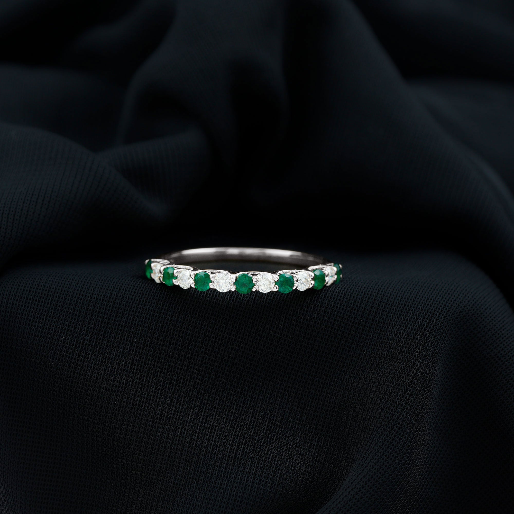 Trellis Set Round Emerald and Diamond Half Eternity Ring AAA - Rosec Jewels