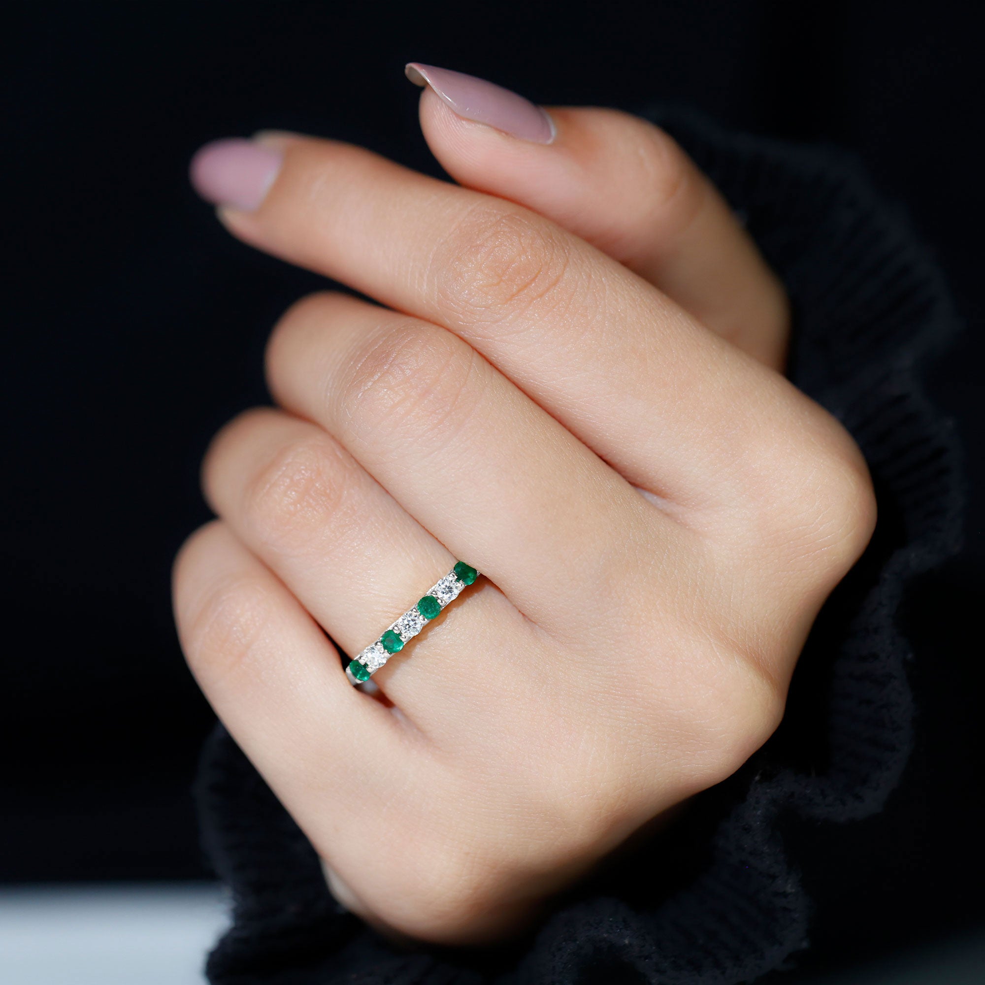 Trellis Set Round Emerald and Diamond Half Eternity Ring AAA - Rosec Jewels