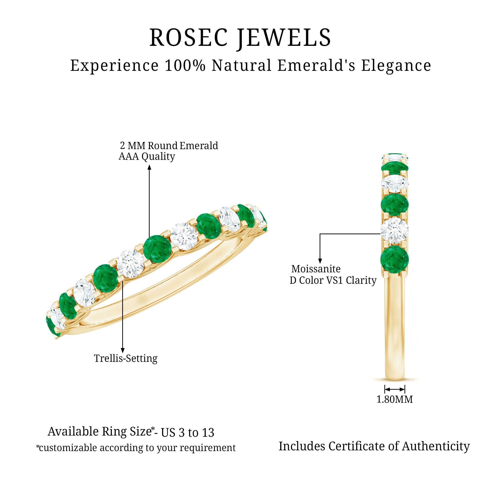 Trellis Set Round Emerald and Diamond Half Eternity Ring AAA - Rosec Jewels