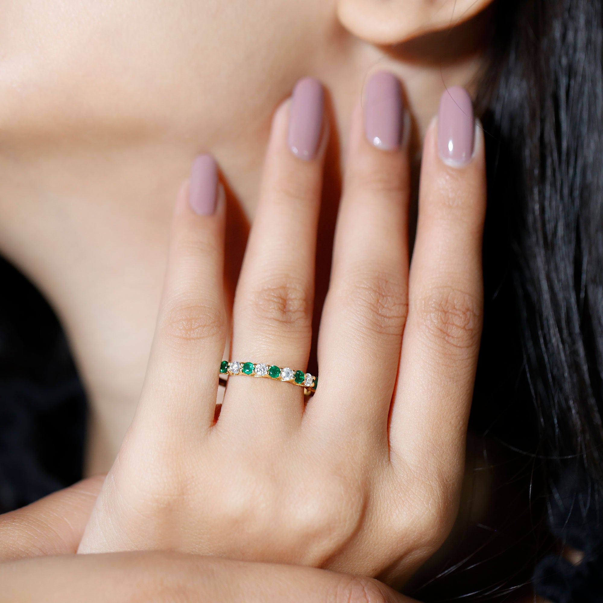 Trellis Set Round Emerald and Diamond Half Eternity Ring AAA - Rosec Jewels