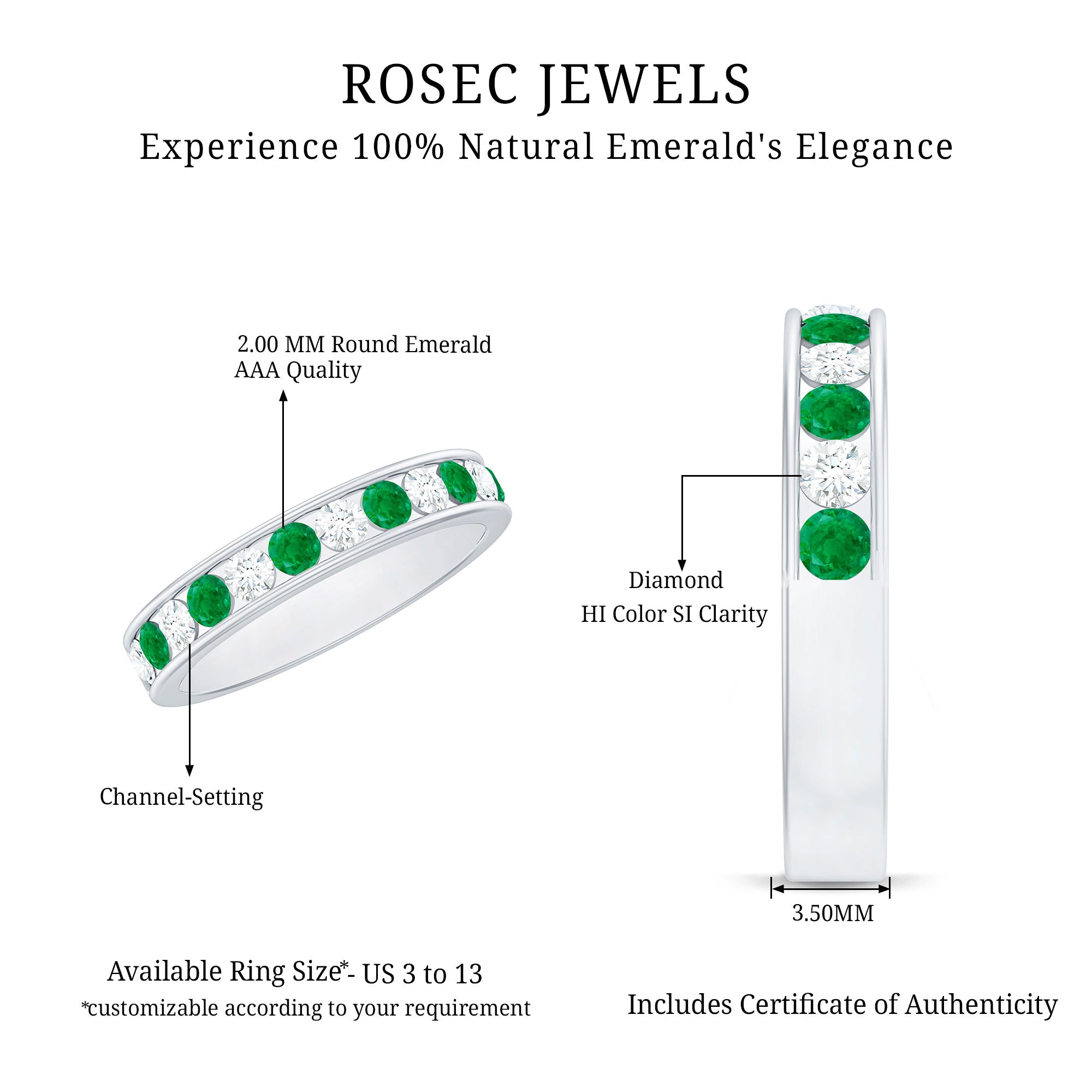 Channel Set Emerald and Diamond Half Eternity Band Ring AAA - Rosec Jewels