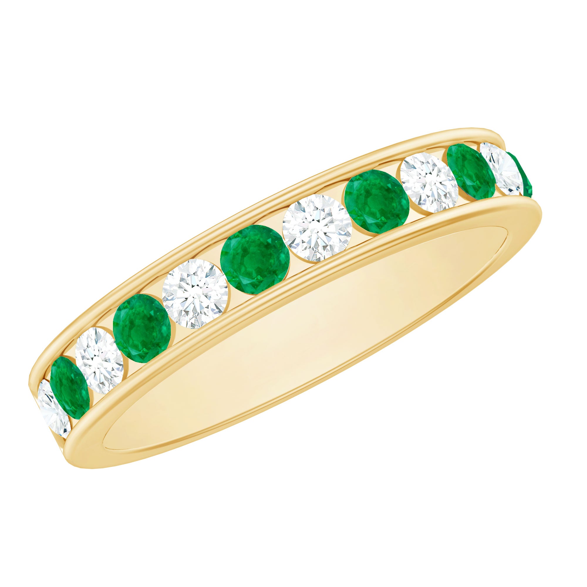 Channel Set Emerald and Diamond Half Eternity Band Ring AAA - Rosec Jewels
