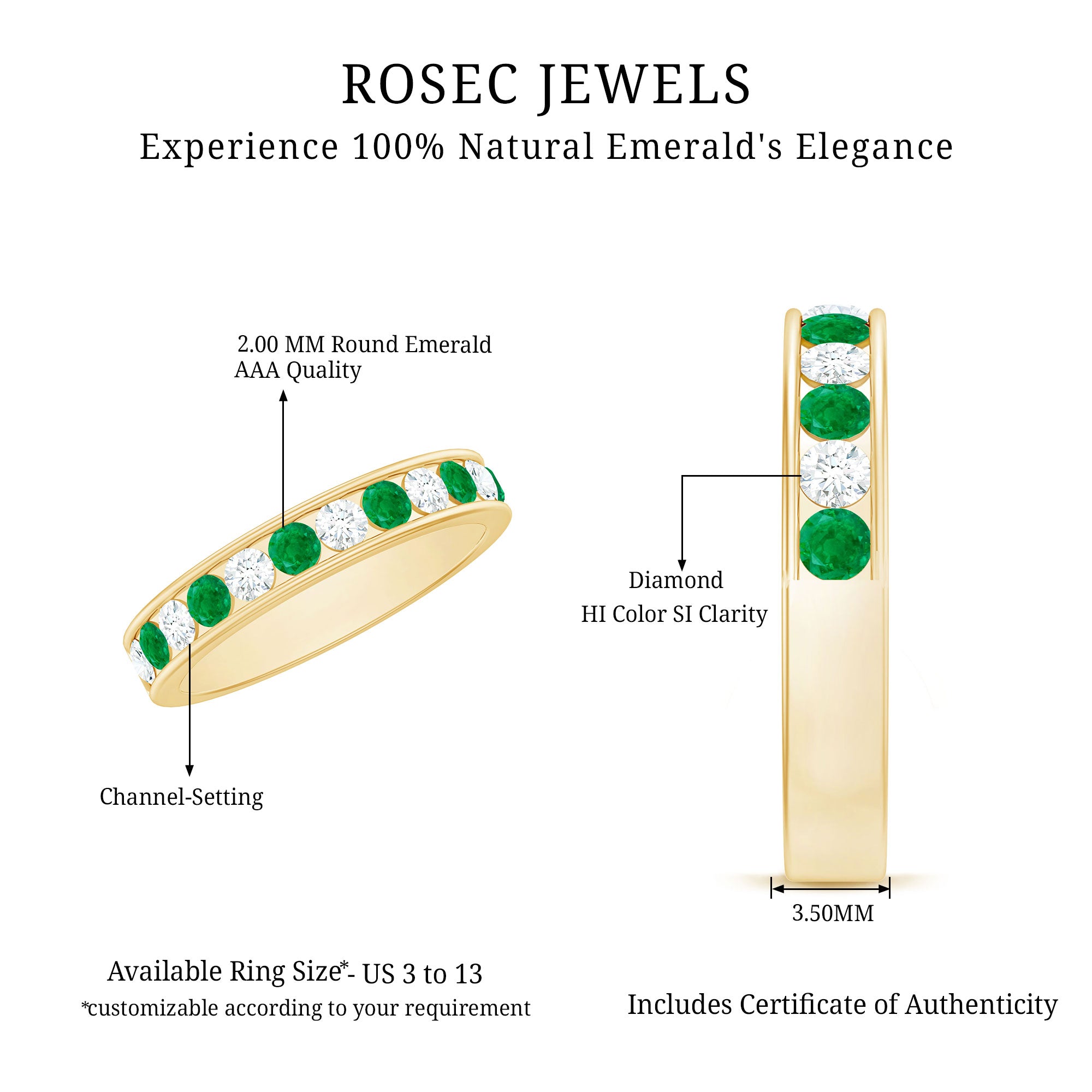 Channel Set Emerald and Diamond Half Eternity Band Ring AAA - Rosec Jewels